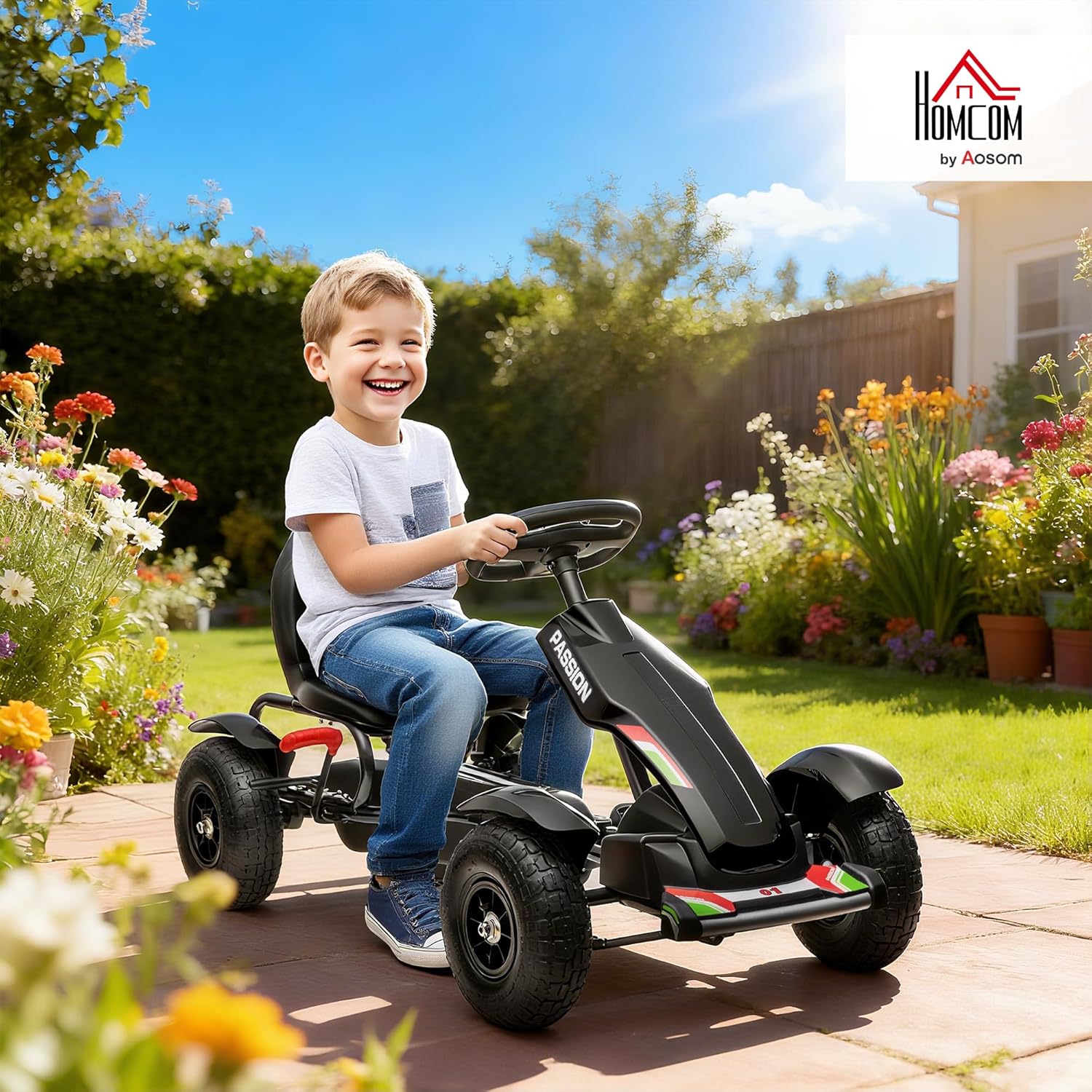 Thumbnail 1 de HOMCOM kart à pédales enfant avec frein à main et siège réglable 3 positions (5 à 12 ans) noir