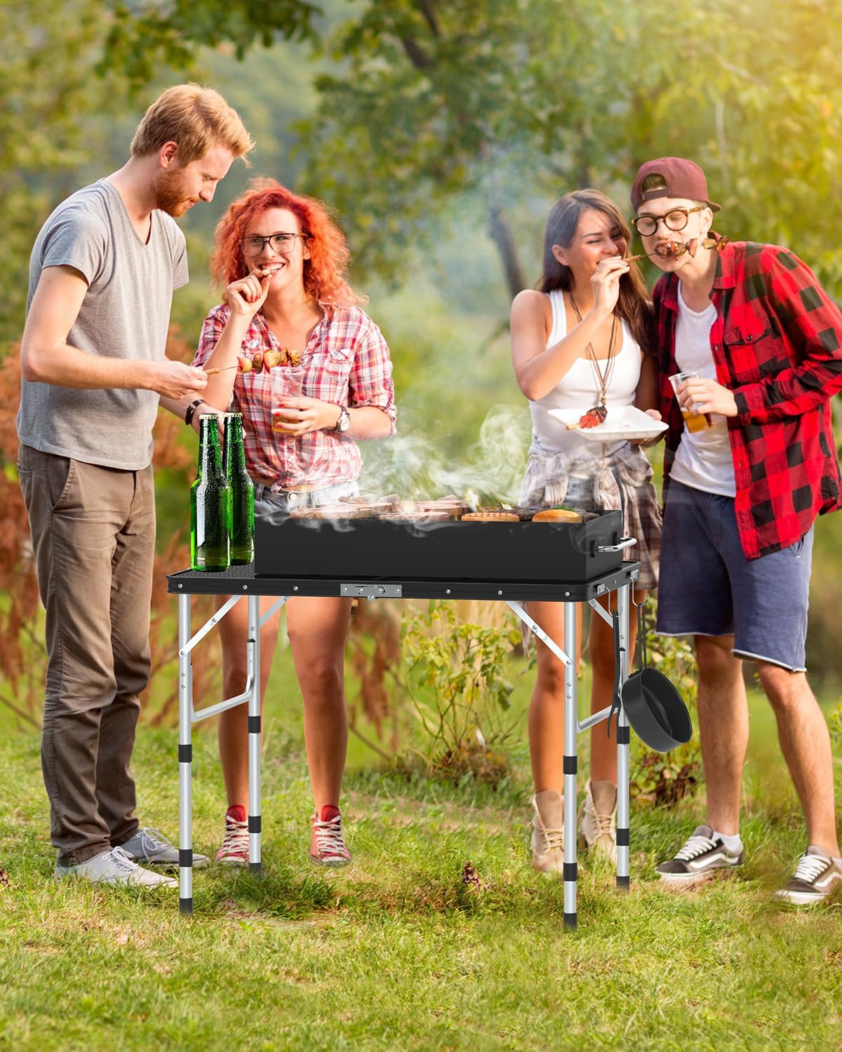 Detalle 2 de Sportneer Y21-80600-98 Folding Grill Table, Adjustable Height, Heat-Resistant Metal Mesh