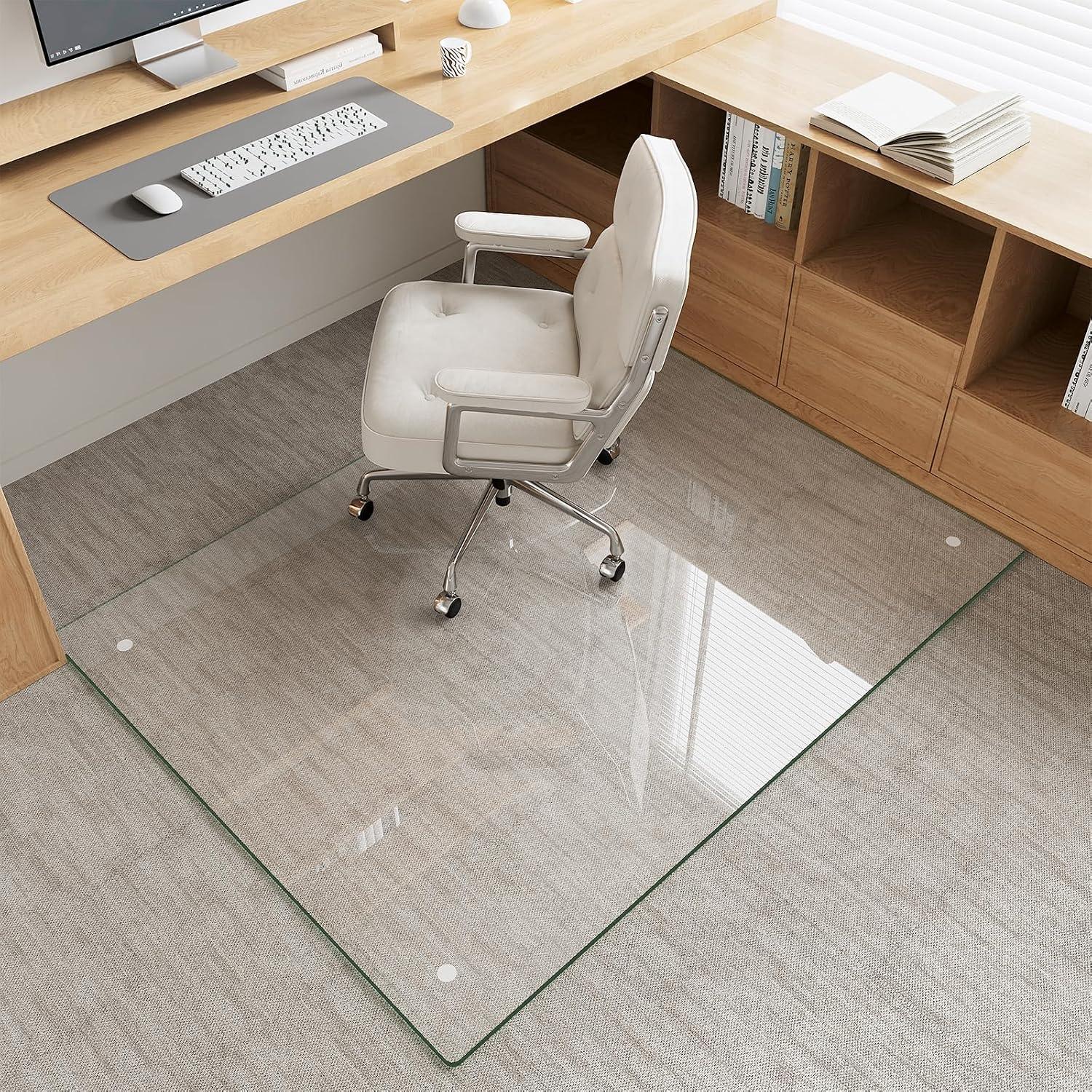 Detalle de MYSUNORIA Transparent Glass Chair Mat 46x60, 46" x 60", 0.19-Inch Tempered Glass