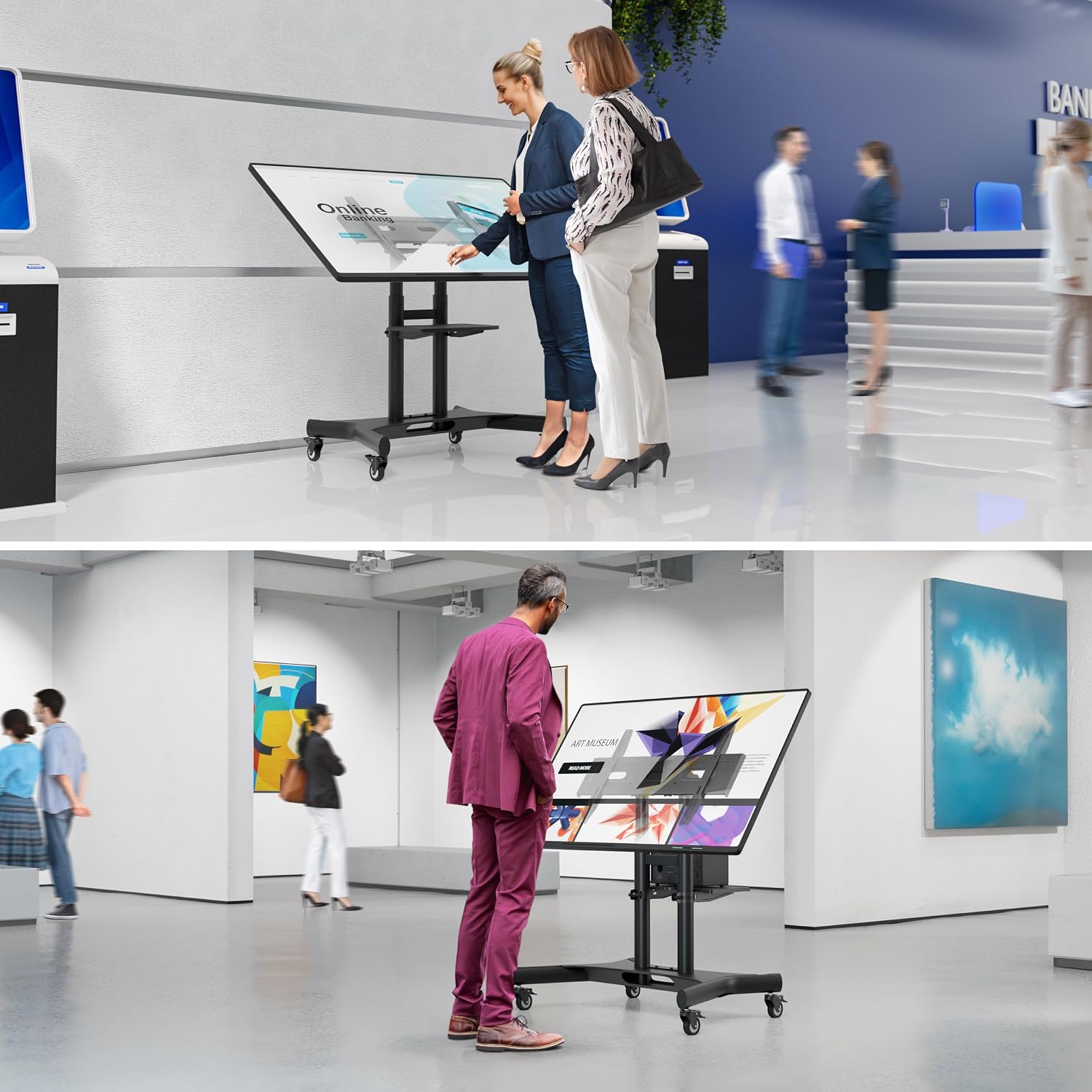 Detalle de ONKRON TS1350-B mobiler TV-Ständer mit Rollen für 32–70 Zoll, höhenverstellbar & neigbar (VESA bis 600×400)