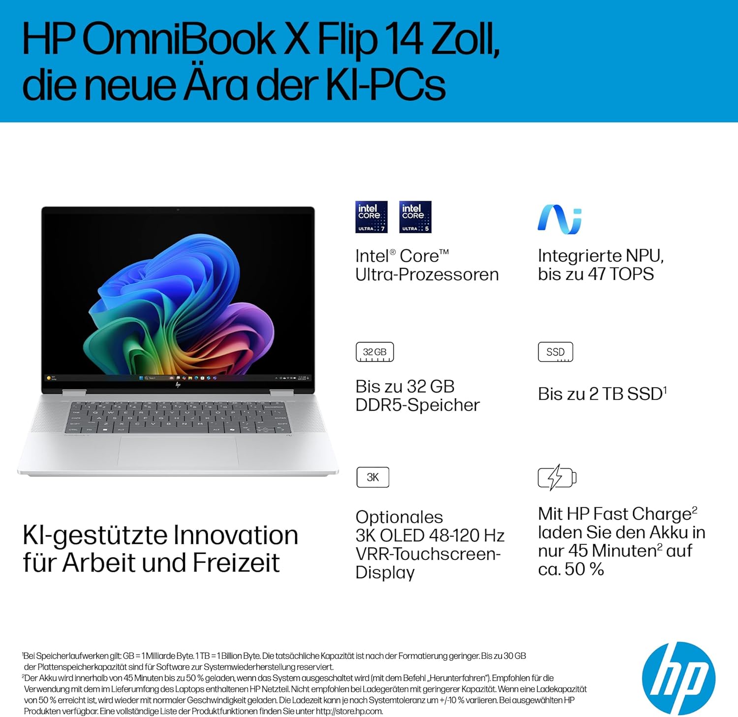 Thumbnail 1 de HP OmniBook X Flip NG AI mit Intel Core Ultra 7 – 16" 3K 2-in-1 Touch, 32 GB RAM, 1 TB SSD, Windows 11 (silber)