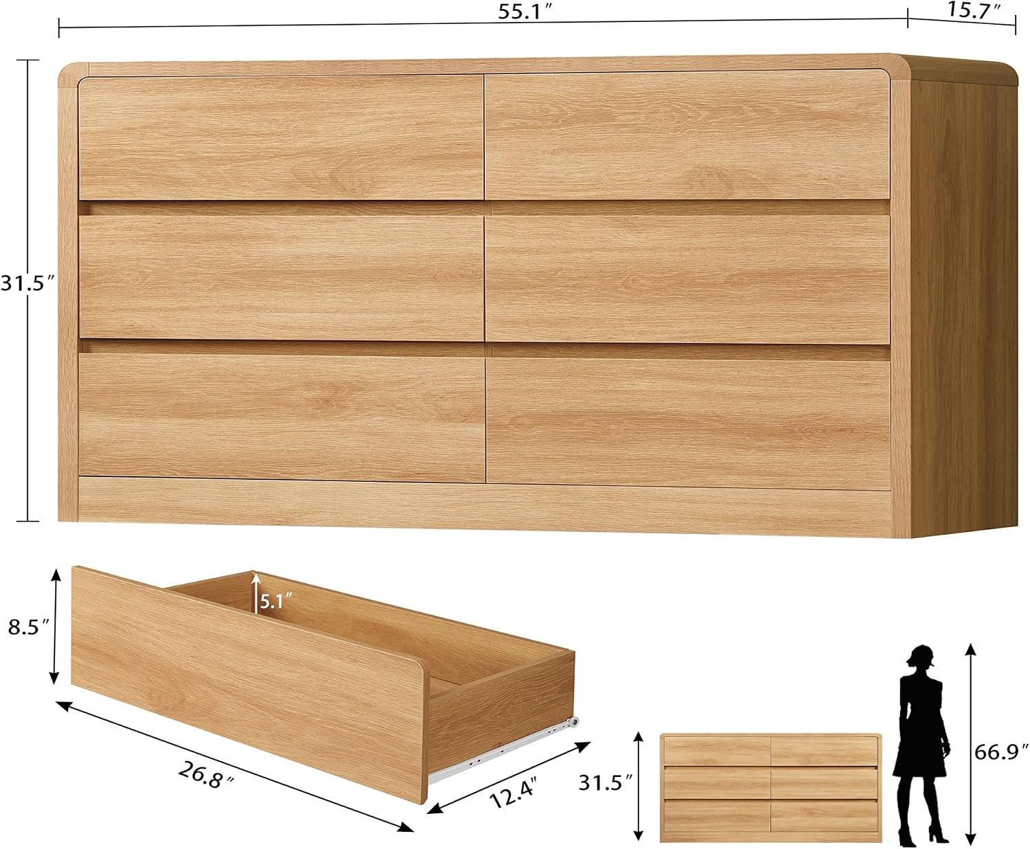 Detalle 2 de TEENFON dressers 55-Inch 6-Drawer Dresser, Natural Finish with Curved Profile