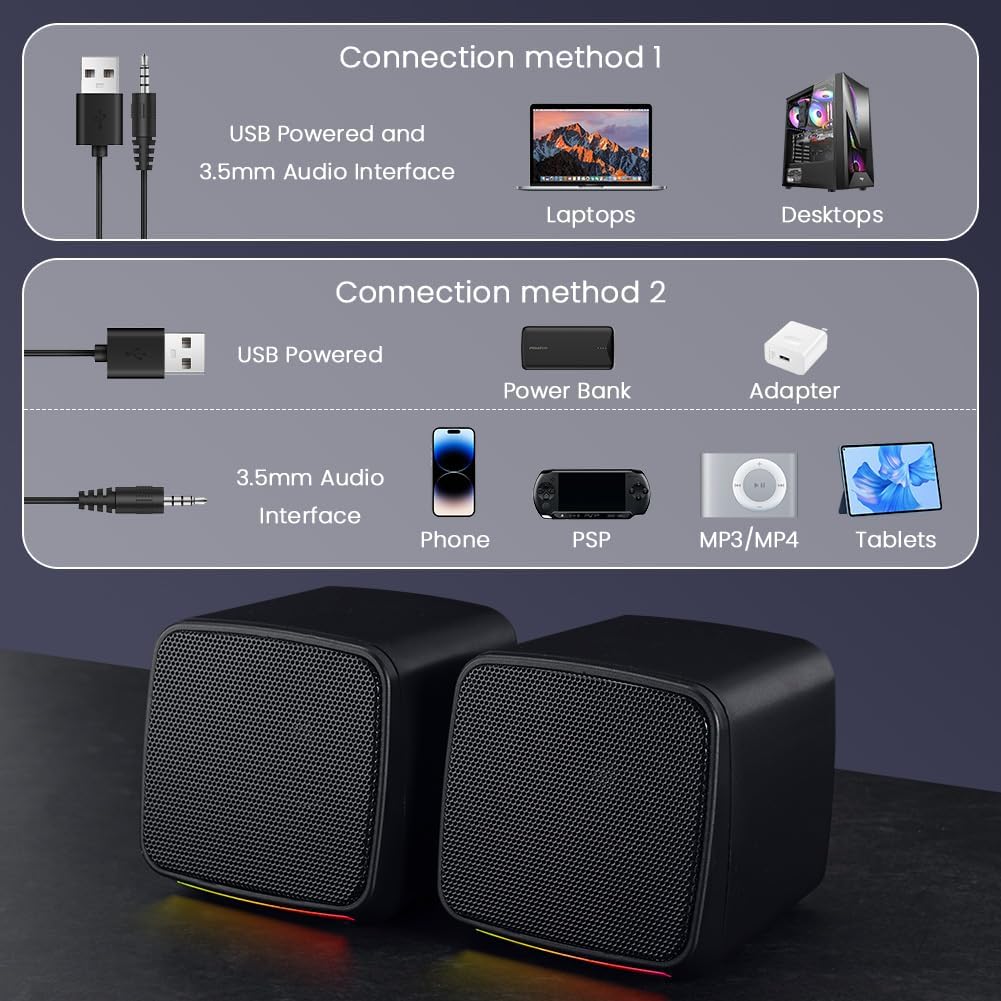 Detalle de Vicloon USB-powered 2.0 PC Speakers with RGB Lighting – Compact 3W x 2 Stereo System