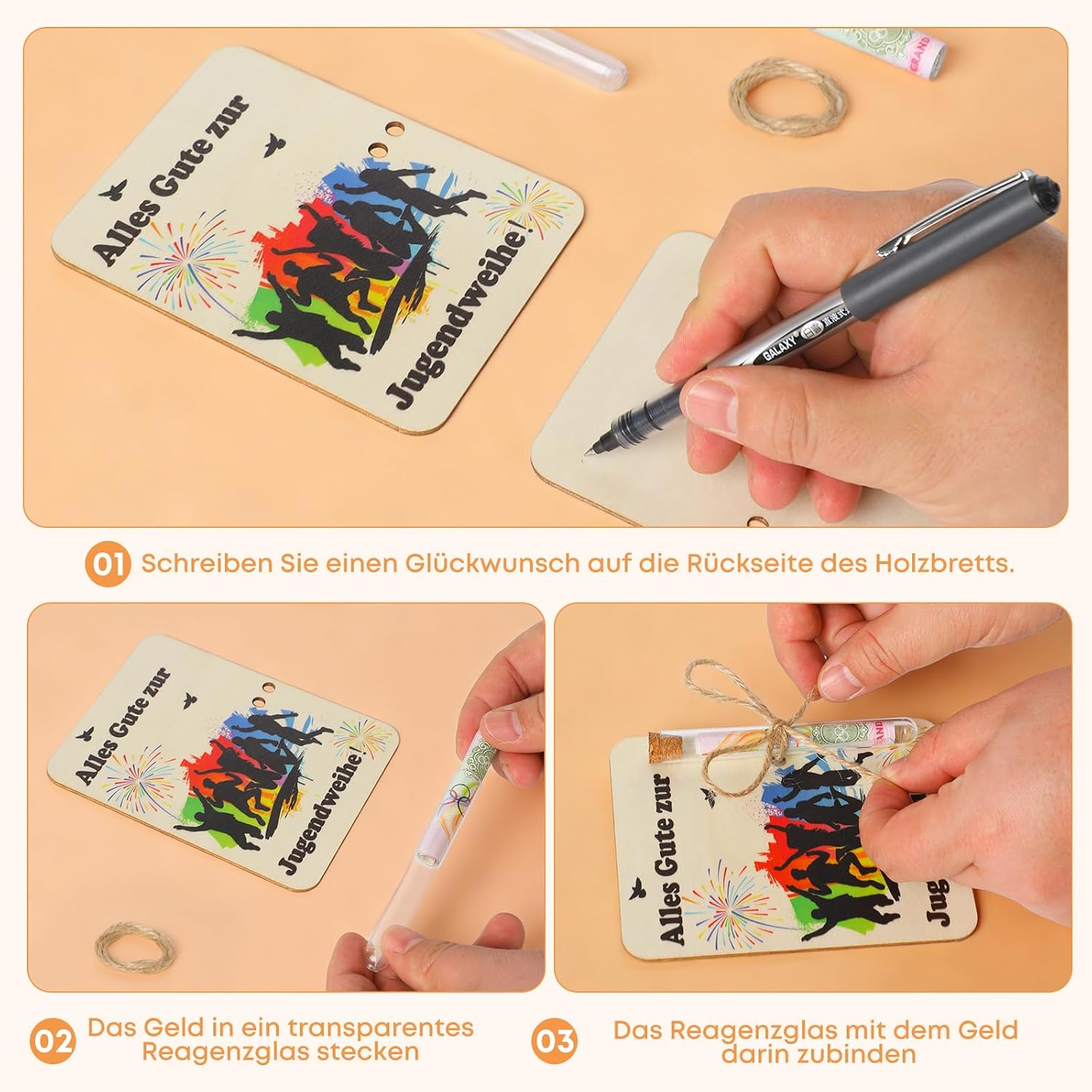Detalle de Seutgjie Geldgeschenk Jugendweihe Karte aus Holz mit Reagenzglas – individuelles Geldgeschenk für Mädchen und Jungen
