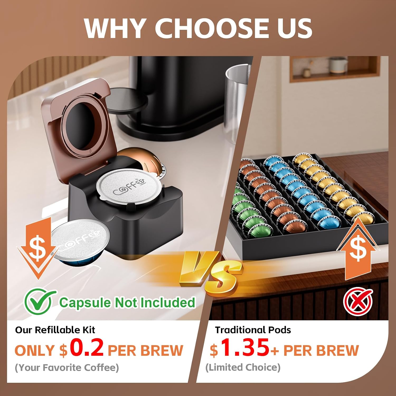 Detalle de Reusable Vertuo Pods Refill Kit for Nespresso – Upgraded Holder with 100 Lids and Press-to-Seal System
