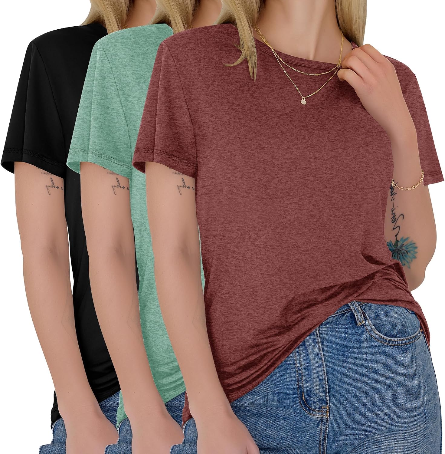 Detalle de GAYHAY 3-Pack Women’s Short-Sleeve T-Shirts (Crew Neck) — Soft Basic Tees for Everyday Wear