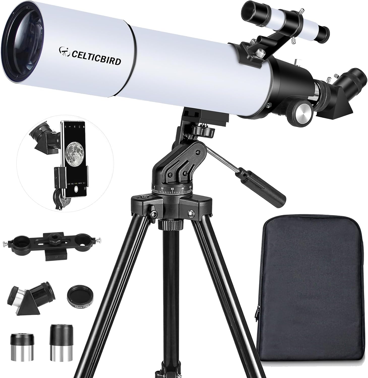 Celticbird 80mm 600mm Refractor Telescope for Adults & Beginners (AZ Mount) with Phone Adapter, Backpack