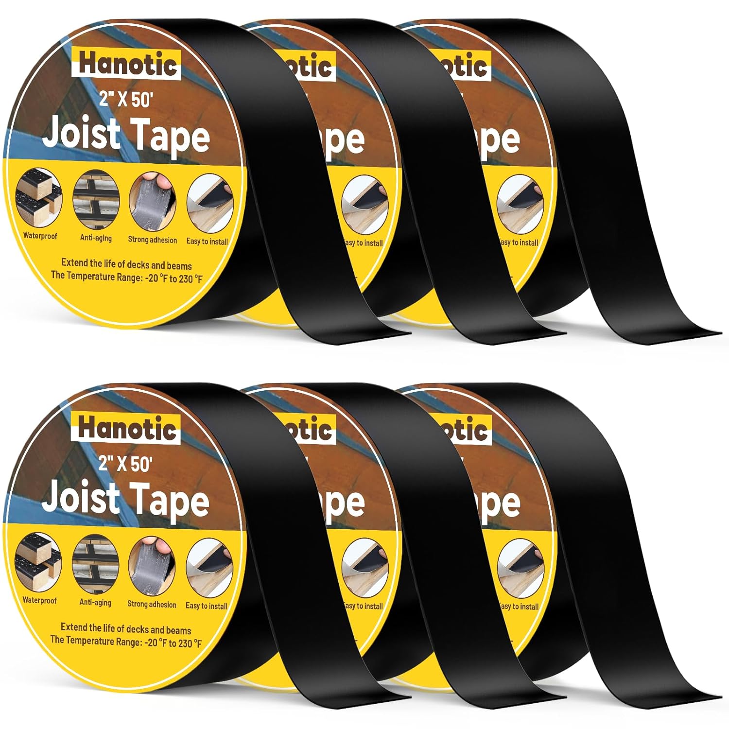Hanotic Joist Tape for Decking (2 in x 50 ft) — 6 Rolls Butyl Deck Tape for Waterproof Sealing