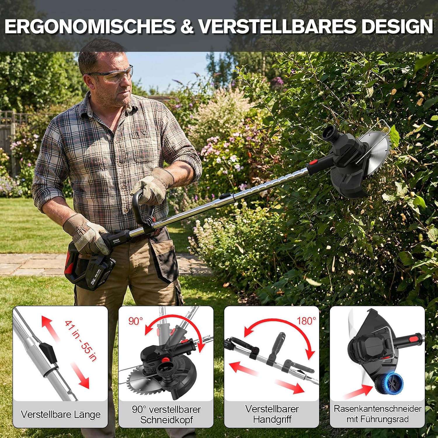 Detalle de SMILOVII Akku-Rasentrimmer 21V 4‑in‑1 (bis 24.000 RPM) mit 2× 2,0Ah, 90° drehbarem Kopf & LCD