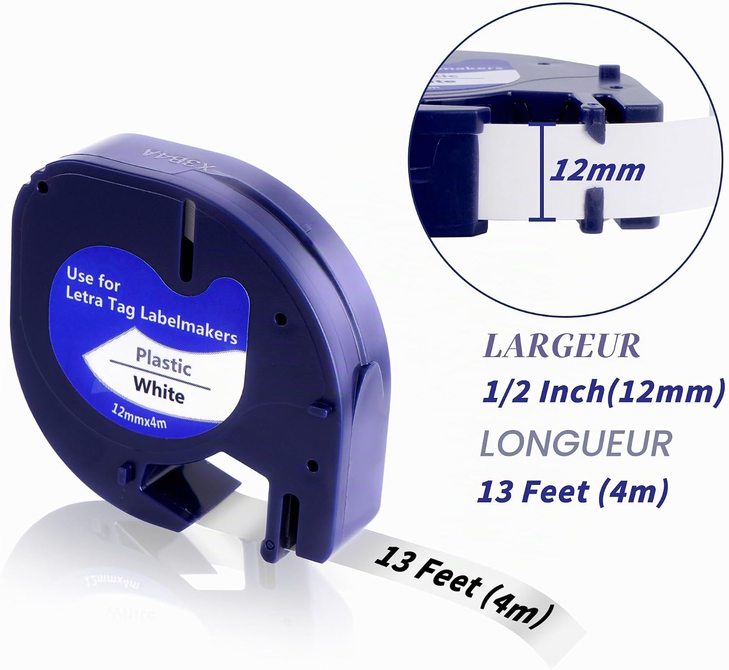 Detalle de YIIFELL LetraTag-labeltape 12 mm x 4 m, zwart op wit, set van 6