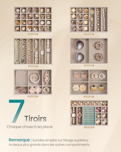 Detalle de SONGMICS Grande Boîte à Bijoux avec 7 Tiroirs et Couvercle en Verre