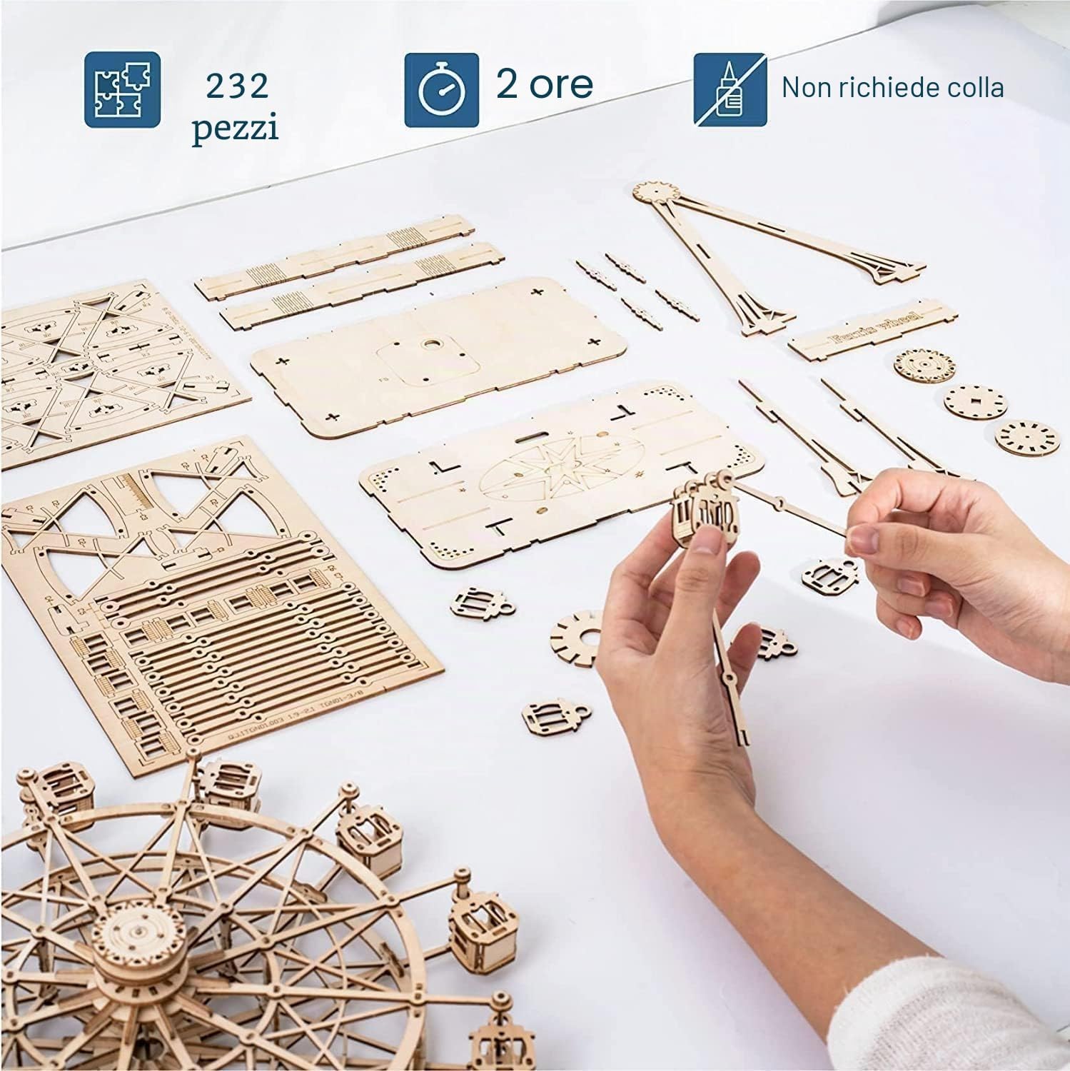 Detalle 2 de RoWood Puzzle 3D: Modello in Legno Meccanico con Scatola Musicale e Ruota Panoramica