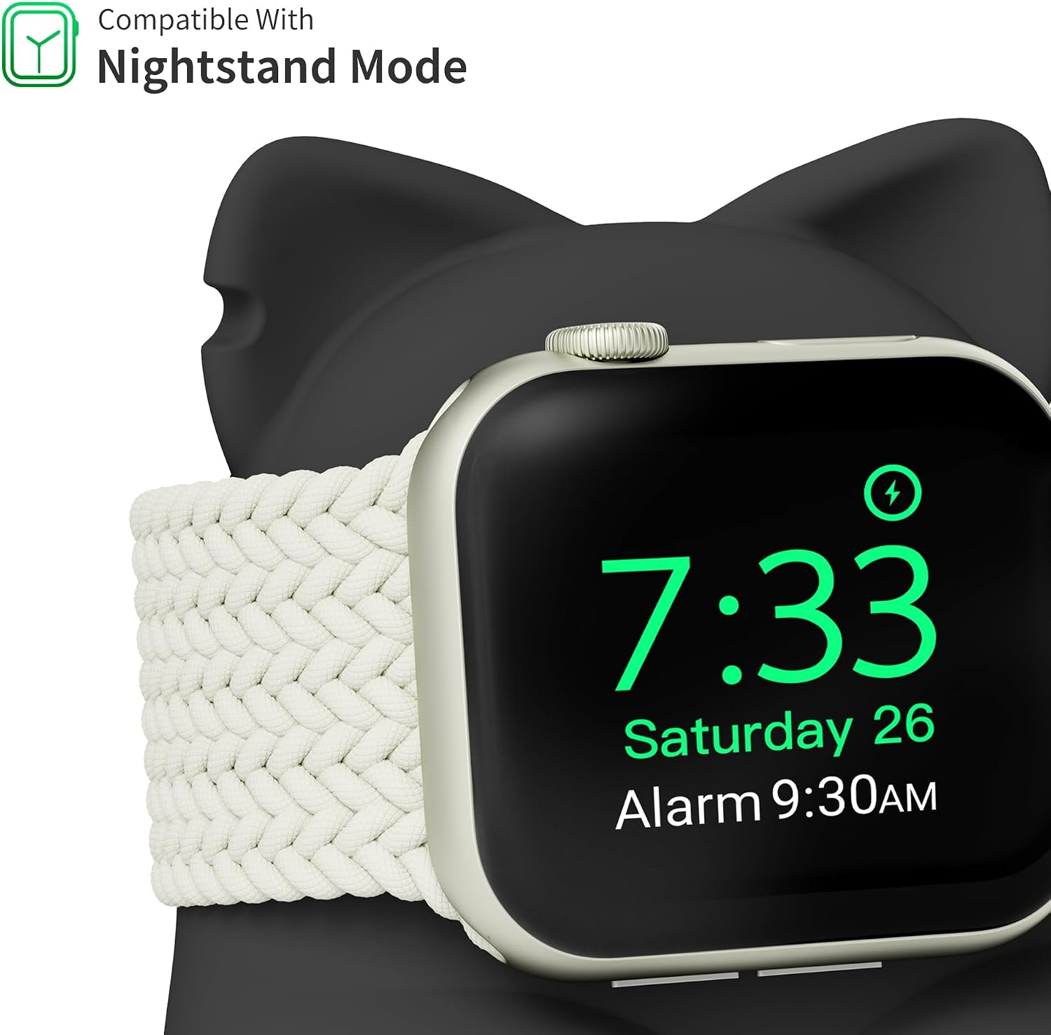 Detalle 2 de ELETIUO Watch Charger Stand (Silicone) for Apple Watch Series 49–38mm – Black kitten bedside dock