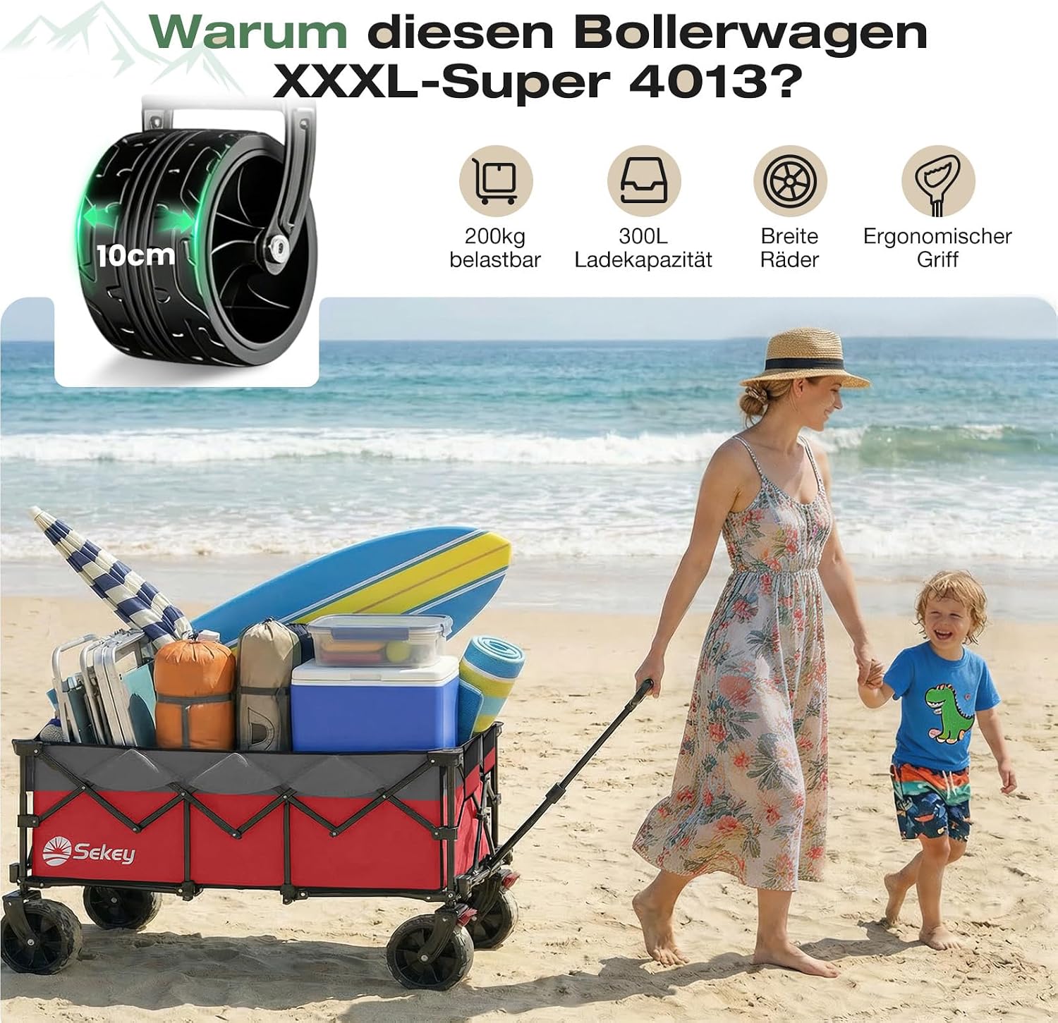 Detalle de Sekey XXXL Faltbarer Bollerwagen 300L/200kg – All-Terrain mit Extra Breite, 4-Wege Aufbau, Rot-Grau