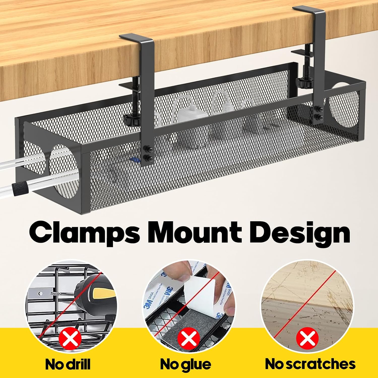 Thumbnail 2 de RERLYING Under Desk Cable Management Tray: No Drilling, No Damage, Metal Mesh with Clamp