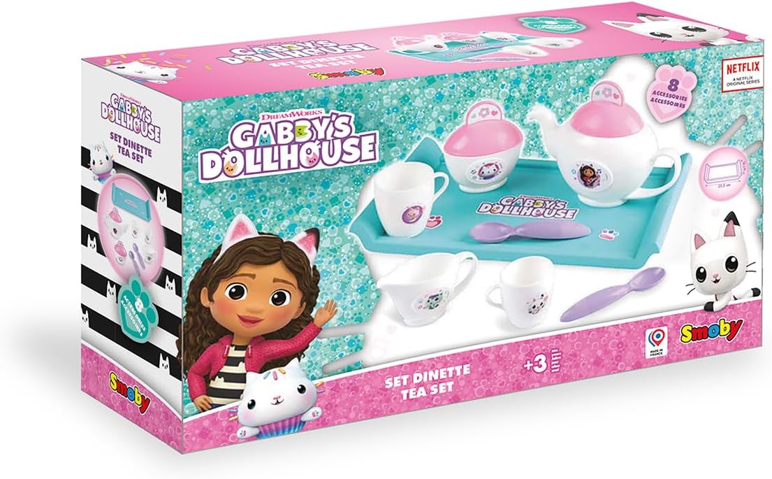 Detalle de Smoby Gabby's Dollhouse Teeservice-Set | 8-teiliges Kunststoff-Geschirr für Kinder ab 3 Jahren