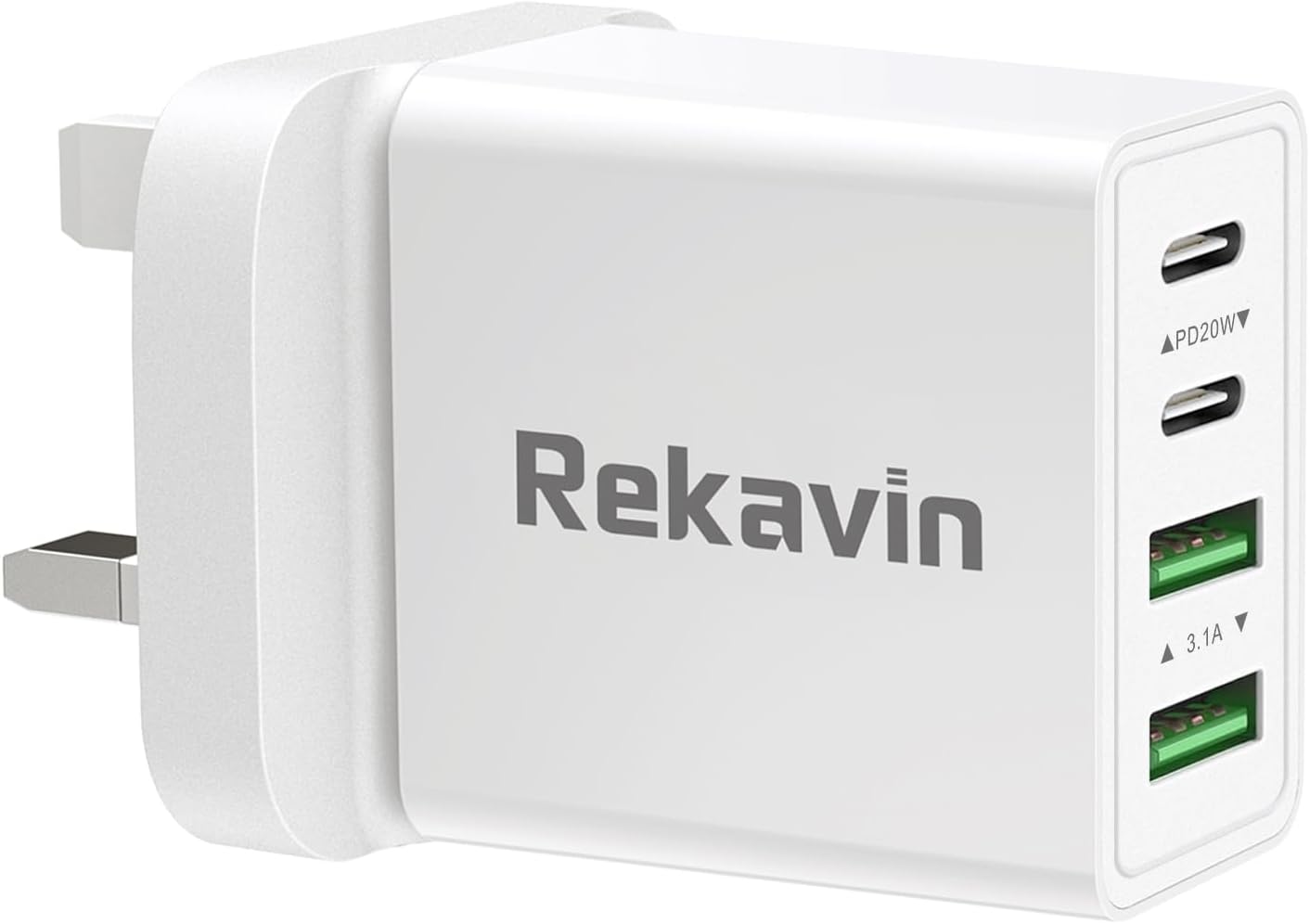 Detalle de Rekavin 40W USB Type-C Plug UK Multiport Fast Charger (Dual USB-C + Dual USB-A)