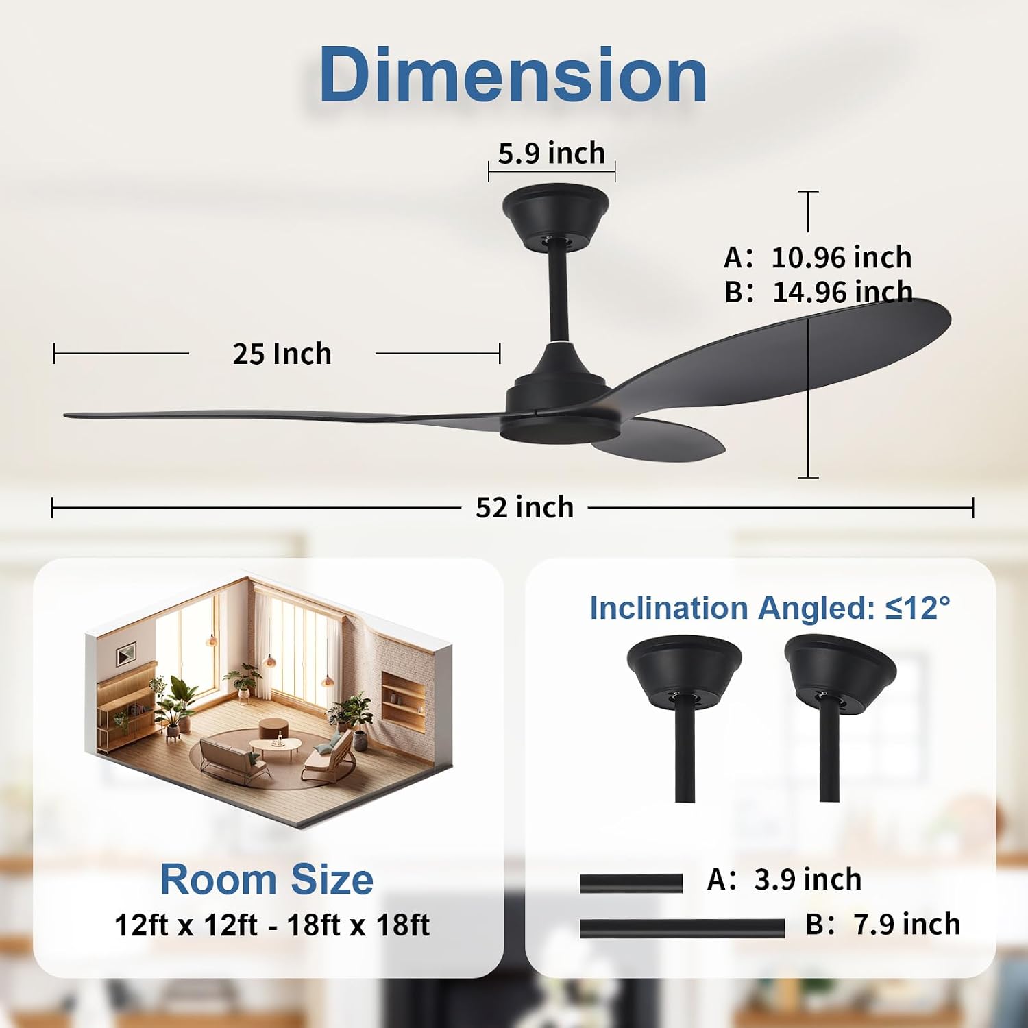 Detalle de AIROPLUX 52IN-3BLD-NL-BK 52-Inch Ceiling Fan, No Light, Reversible DC Motor