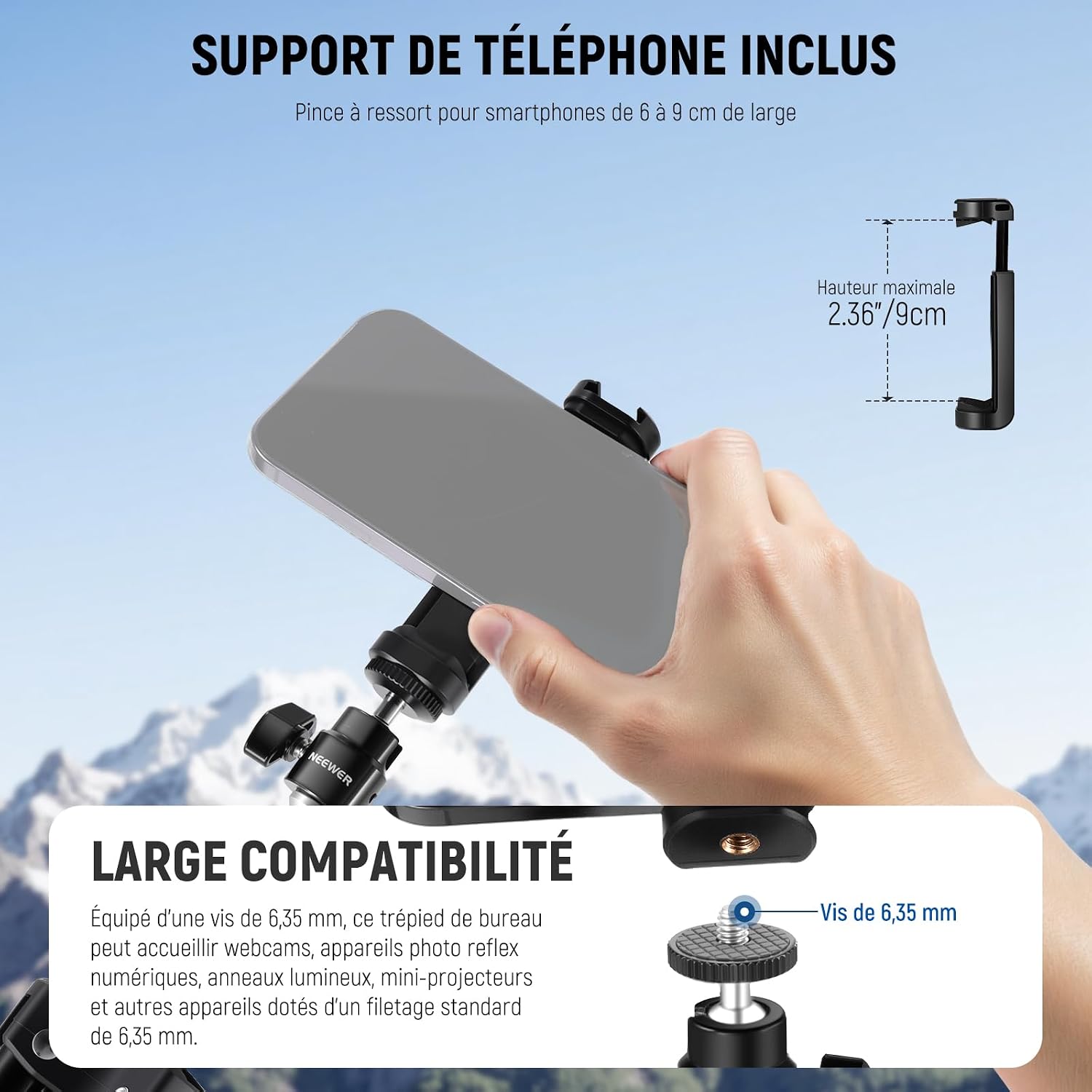 Detalle 2 de NEEWER Trépied pour webcam de bureau avec support téléphone (vis 6,35 mm) pour streaming et vidéoconférence