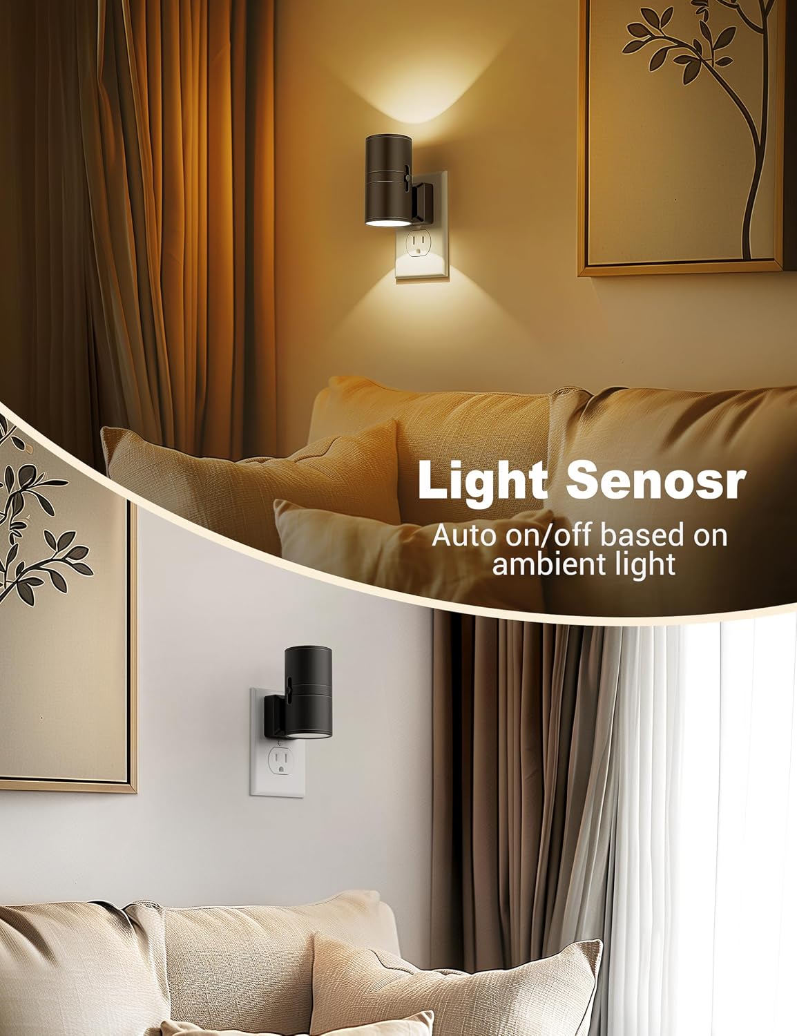 Detalle de JandCase CAC-GY06302US-2 Plug-In Night Lights, Dimmable 3000K, 2-Pack