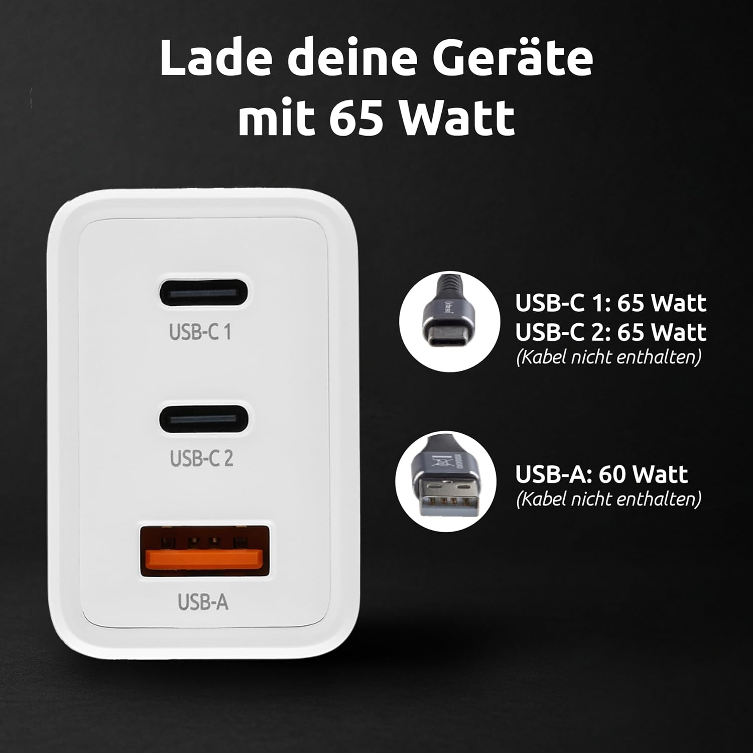 Detalle de Intenso W65ACC GaN Netzteil (65 W) – 3-Port USB-C & USB-A Ladegerät mit PD 3.0, PPS & QC 4.0