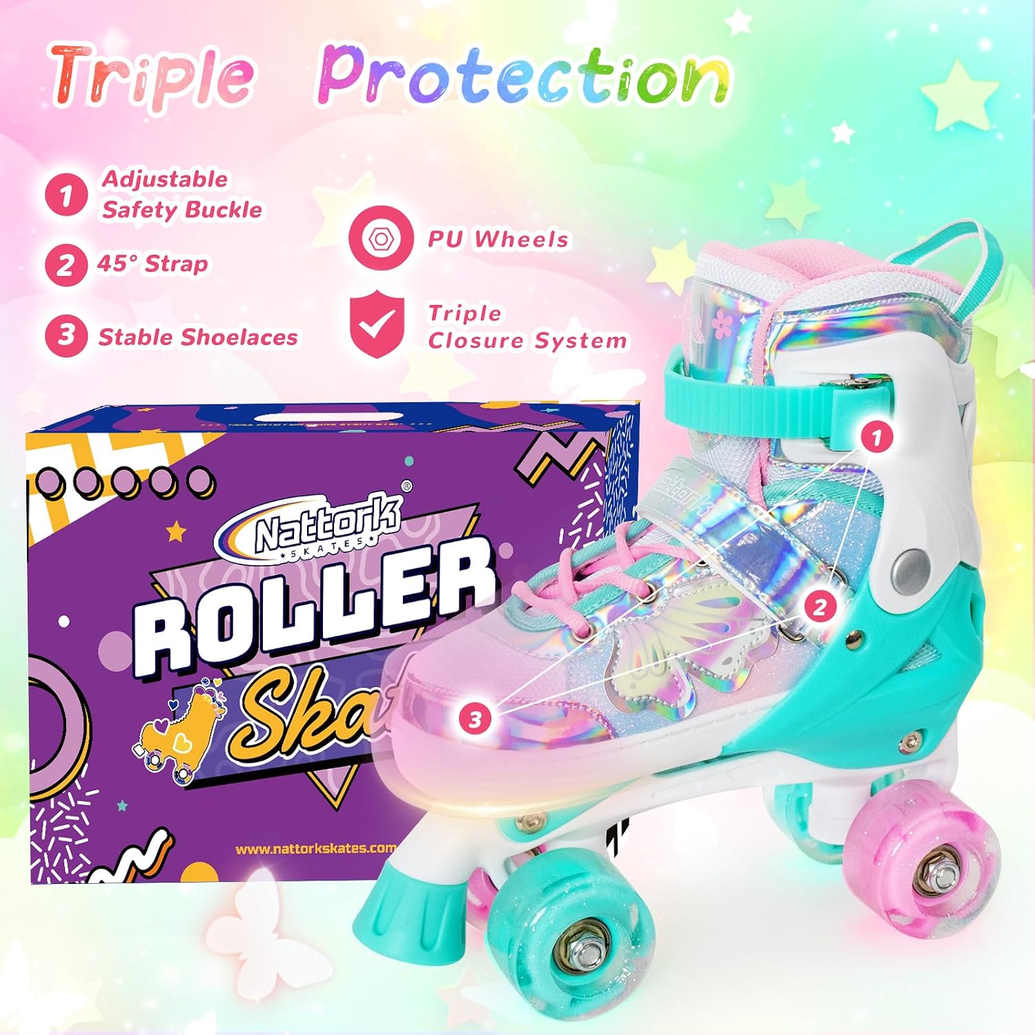 Detalle 1 de Nattork Kids Roller Skates, Adjustable to 4 Sizes