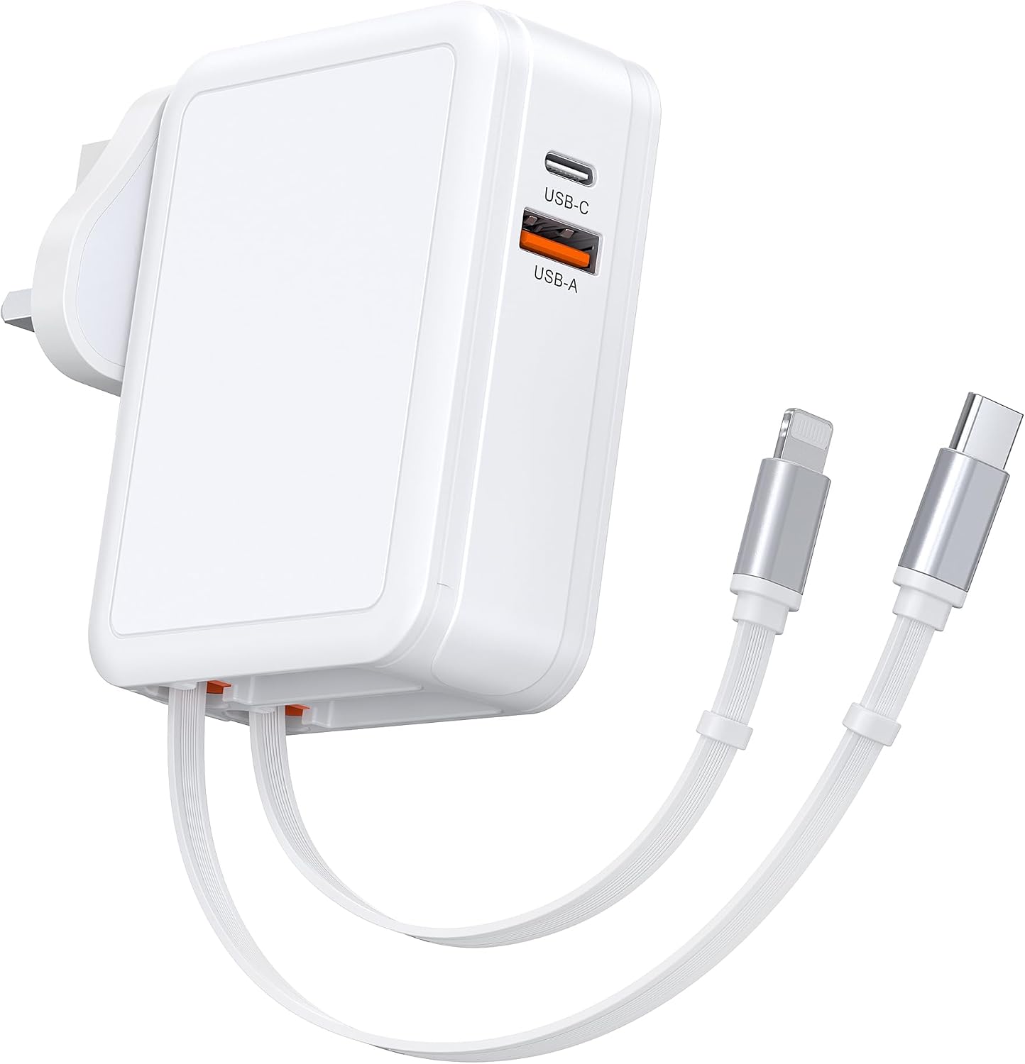 Detalle de 65W Wall Charger with Dual Retractable Cables: 4-in-1 UK Travel Ready Power Hub