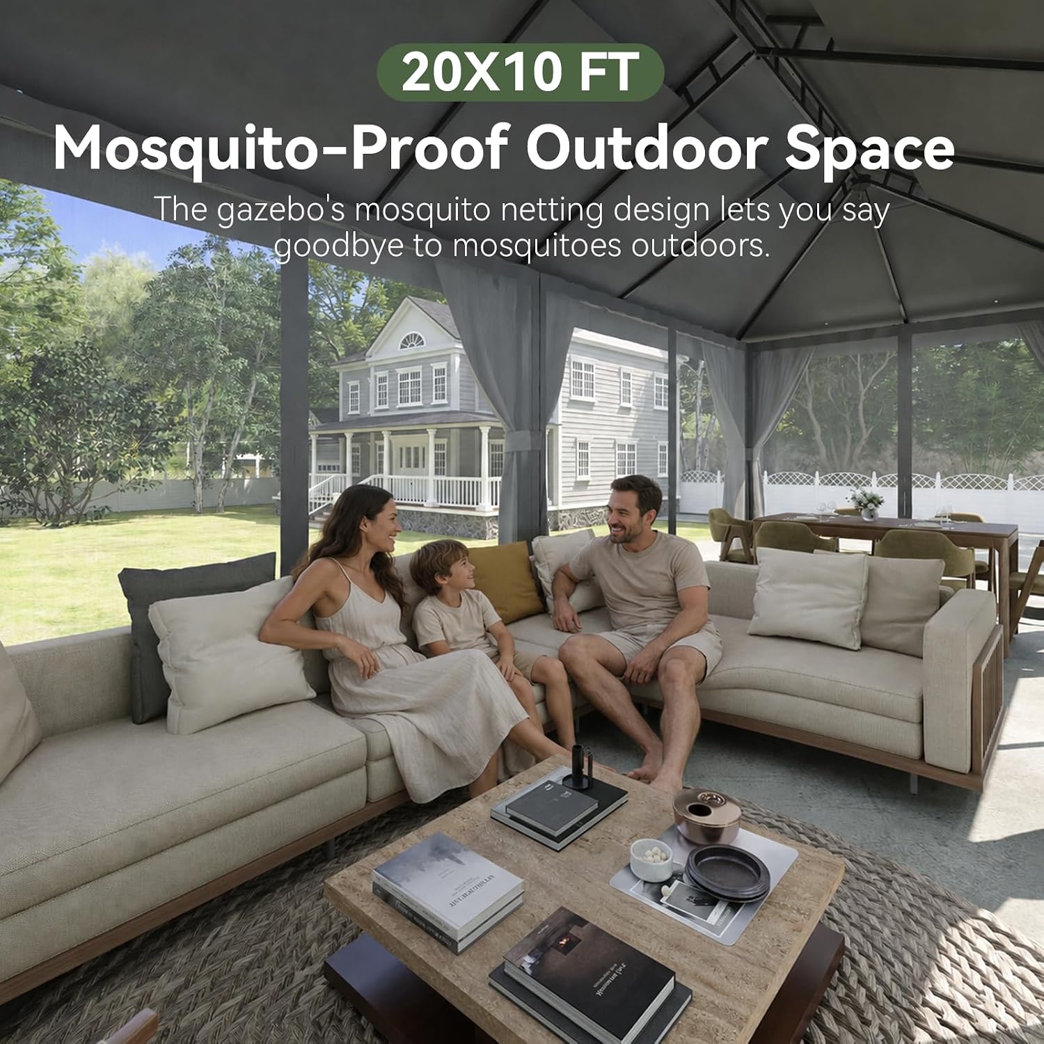 Detalle de Aoxun G30067NEW 20' x 10' Outdoor Gazebo with Netting and Curtains