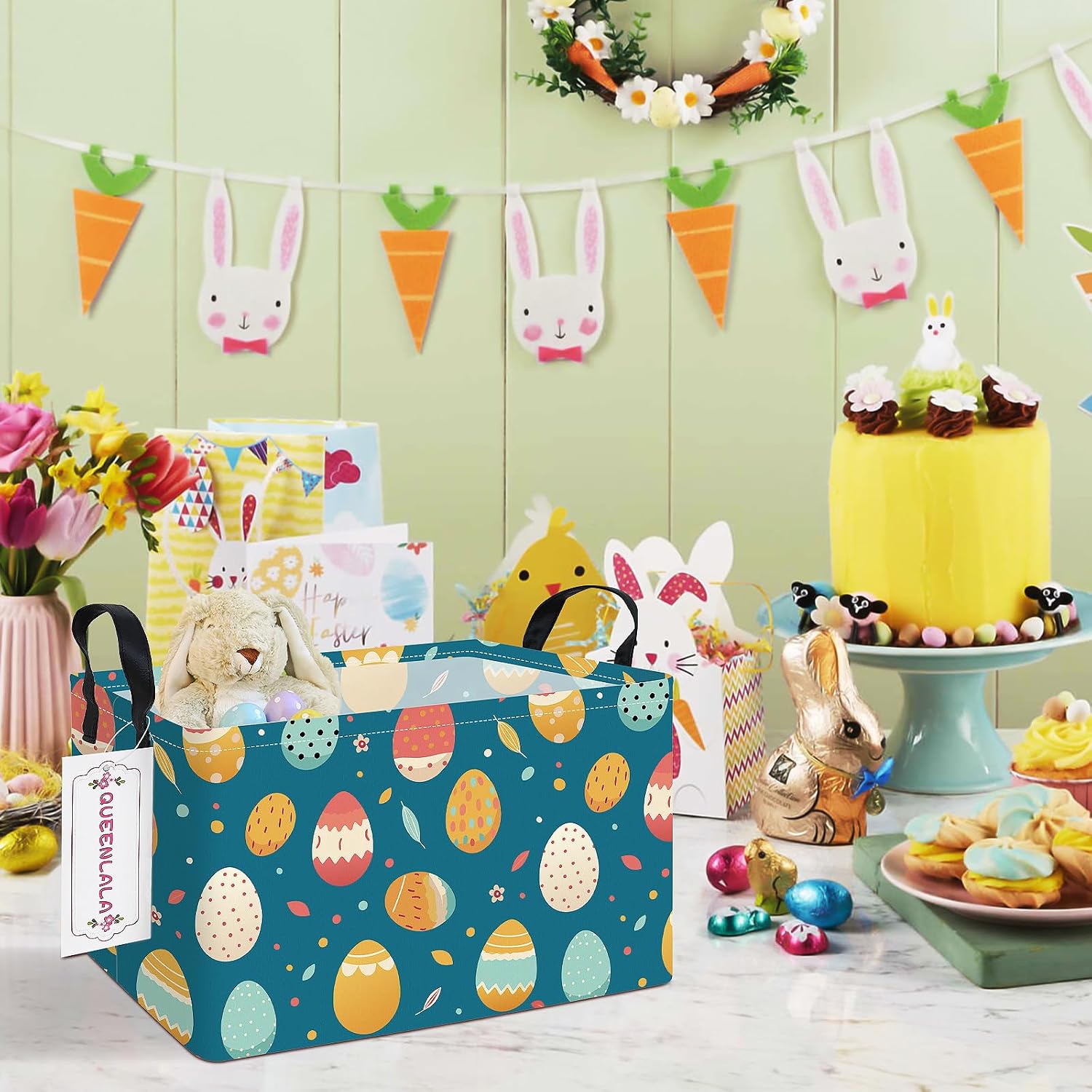 Thumbnail 5 de QUEENLALA Rectangular Collapsible Laundry Basket, Blue Easter Egg Print