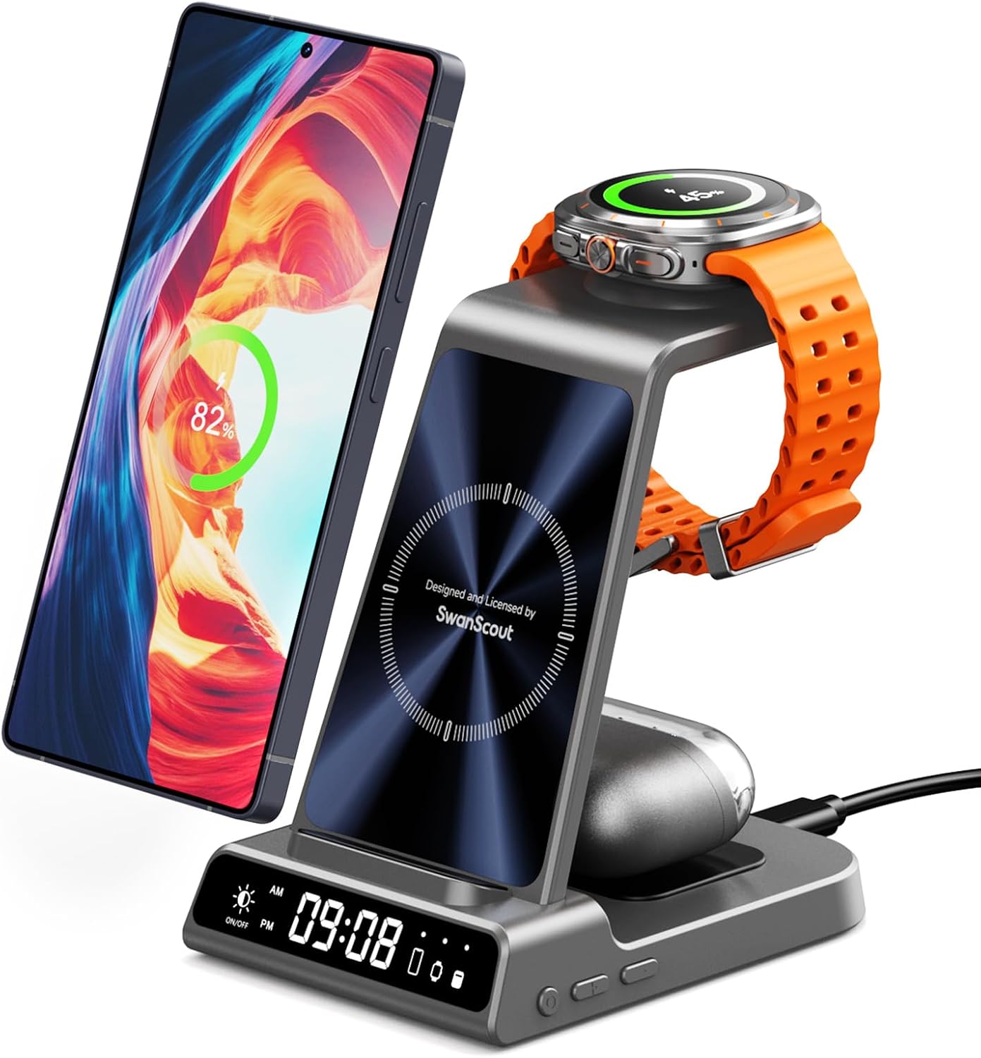 Detalle de Station de charge sans fil 3 en 1 pour Samsung (avec horloge) + charge induction pour Galaxy Watch et Galaxy Buds
