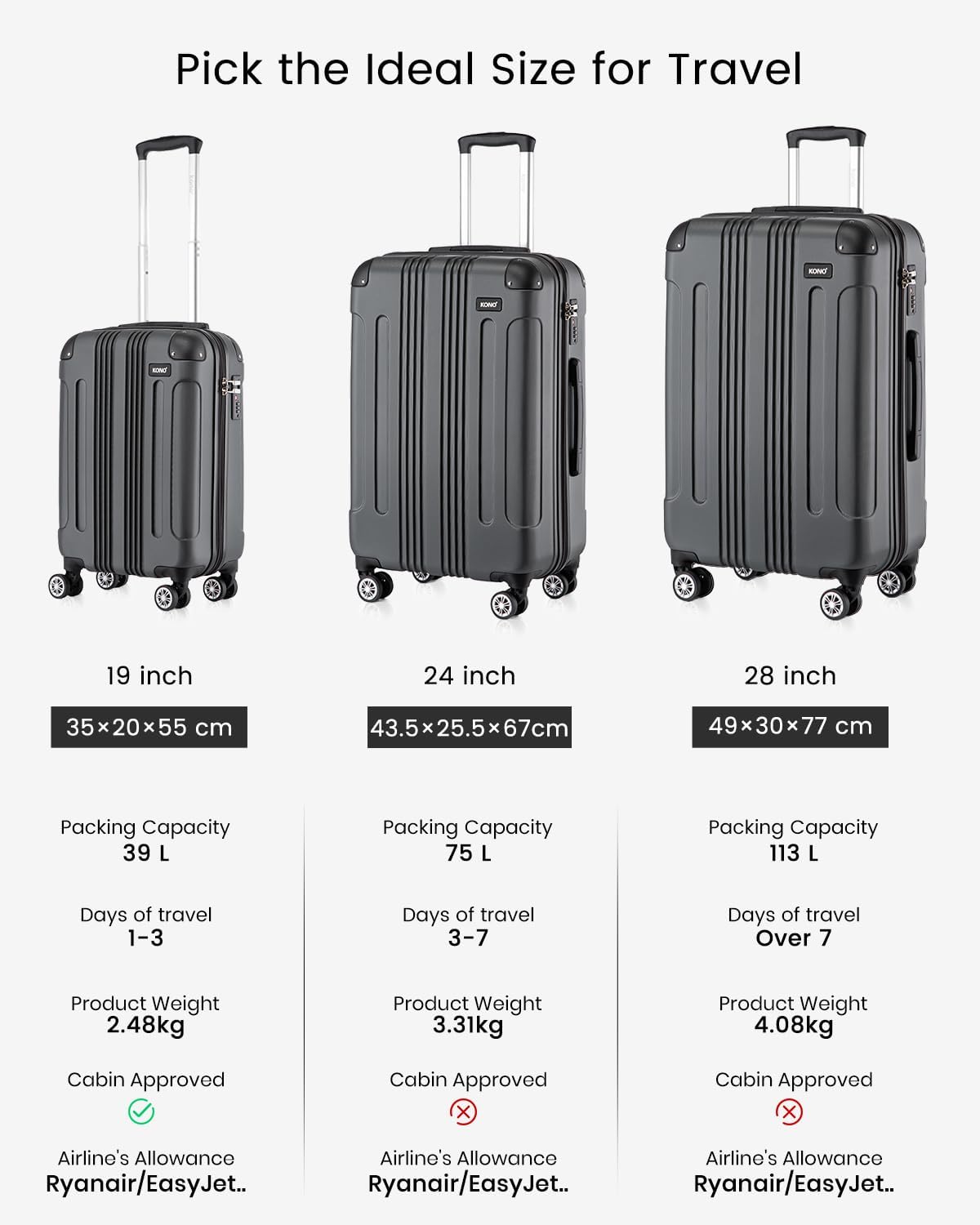Thumbnail 6 de Kono 28 Inch Large Hard Shell Luggage | ABS+PC, 105 L, 360° Spinner wheels