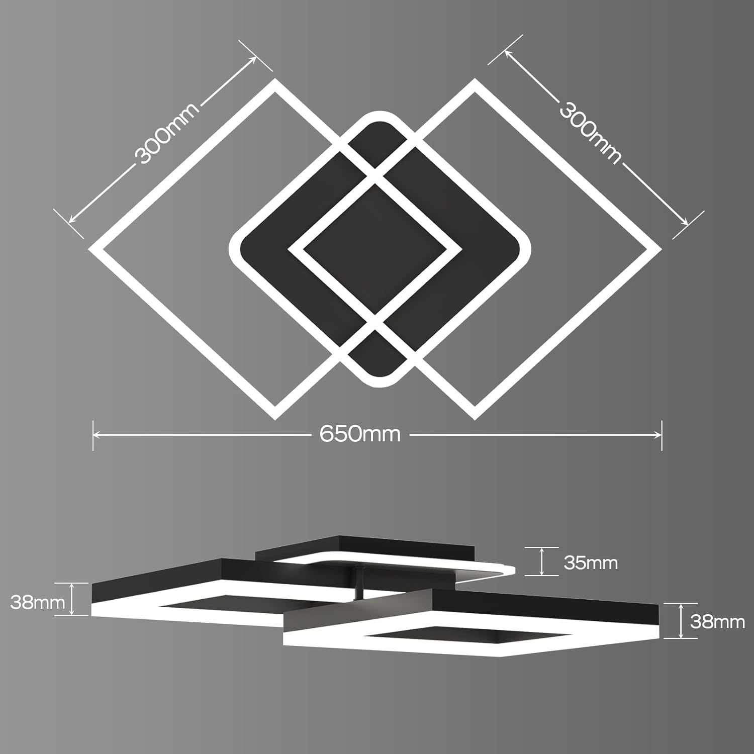 Thumbnail 6 de ANTENLICHT LED Deckenlampe fürs Wohnzimmer mit Fernbedienung, geometrisches Design (40 W), stufenlos dimmbar & 3000–6500 K, schwarz