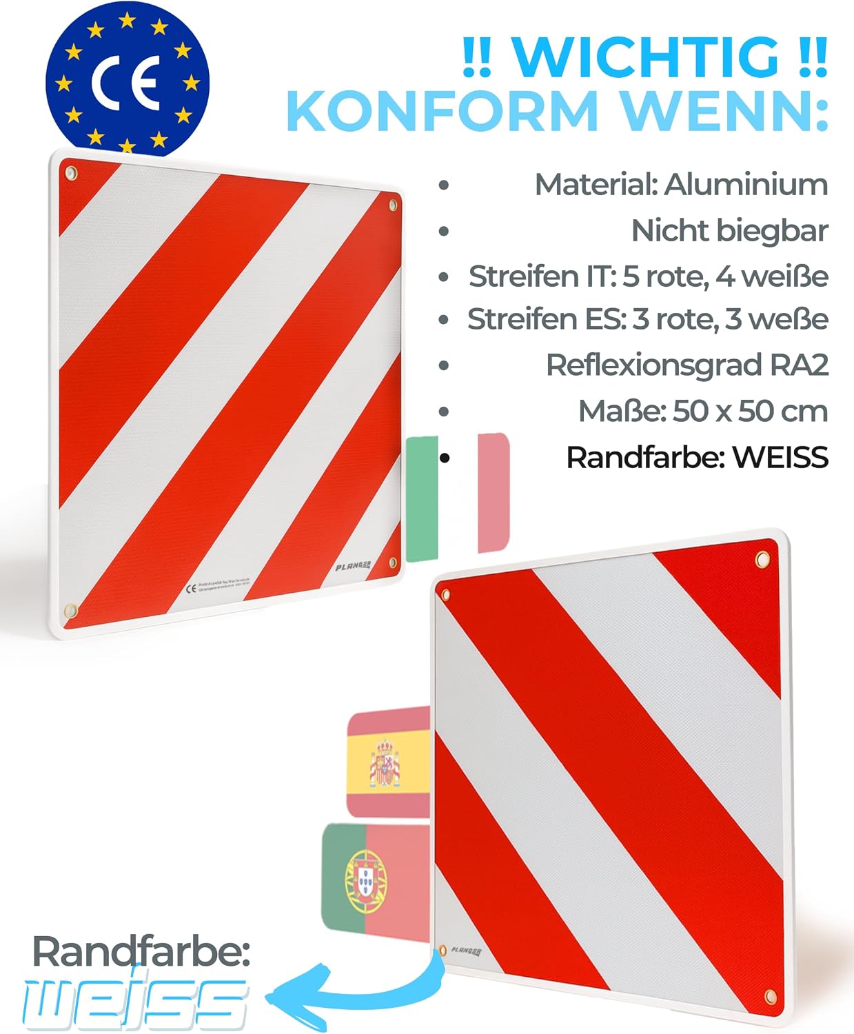 Thumbnail 1 de PLANGER® Warntafel 3in1 Italien/Spanien/Portugal 50 × 50 cm – Schild, Tasche und Spanner