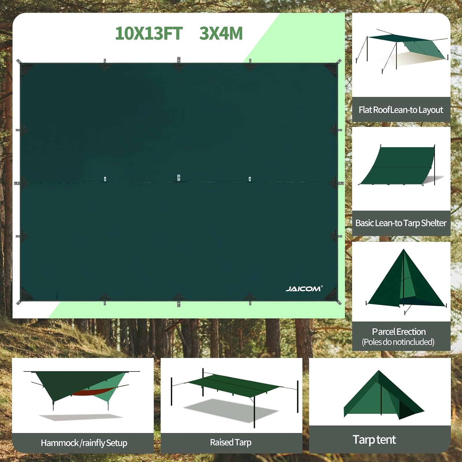 Detalle de JAICOM Tarp Campeggio 3M x 4M: Telone impermeabile leggero e versatile per campeggio, picnic e amache