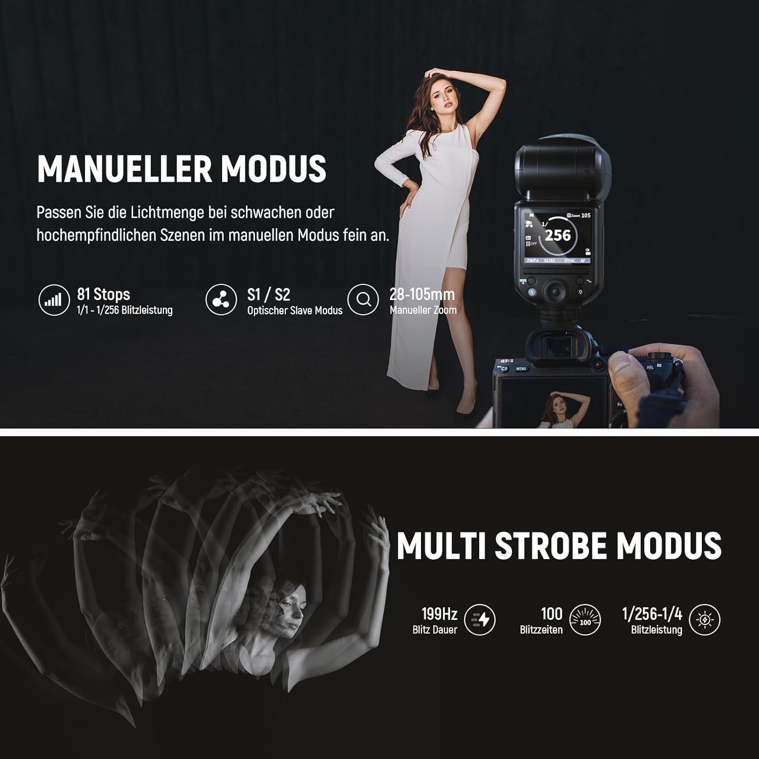 Detalle de NEEWER Z2-S TTL Blitzkopf für Sony – 76W Leistung, HSS 1/8000, TTL/M-Modus, 2600mAh Akku