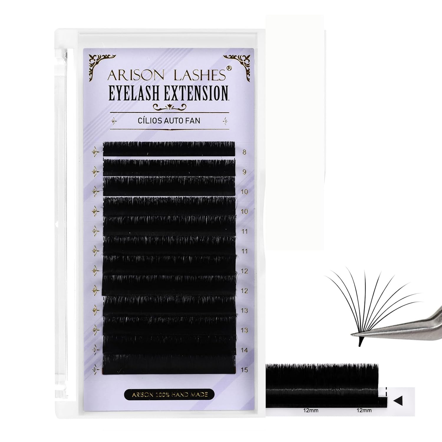 Detalle de Arison Lashes Easy Fan Lashes Wimpernverlängerung – 0,05 mm CC Curl, 8–15 mm gemischte Längen, matte Kunstfaser