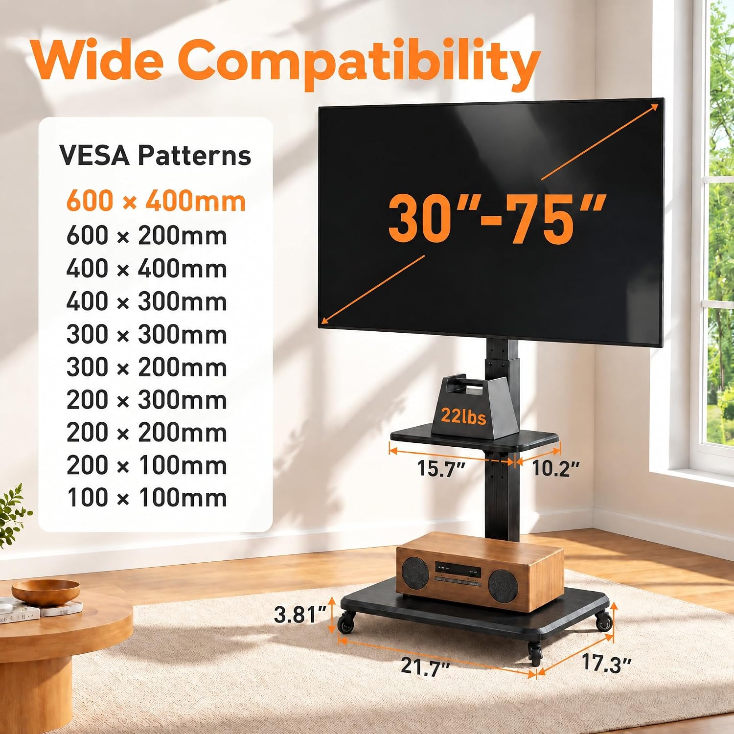 Thumbnail 4 de Perlegear PGTVMC27 Rolling TV Stand, 18 Height Settings, Locking Wheels