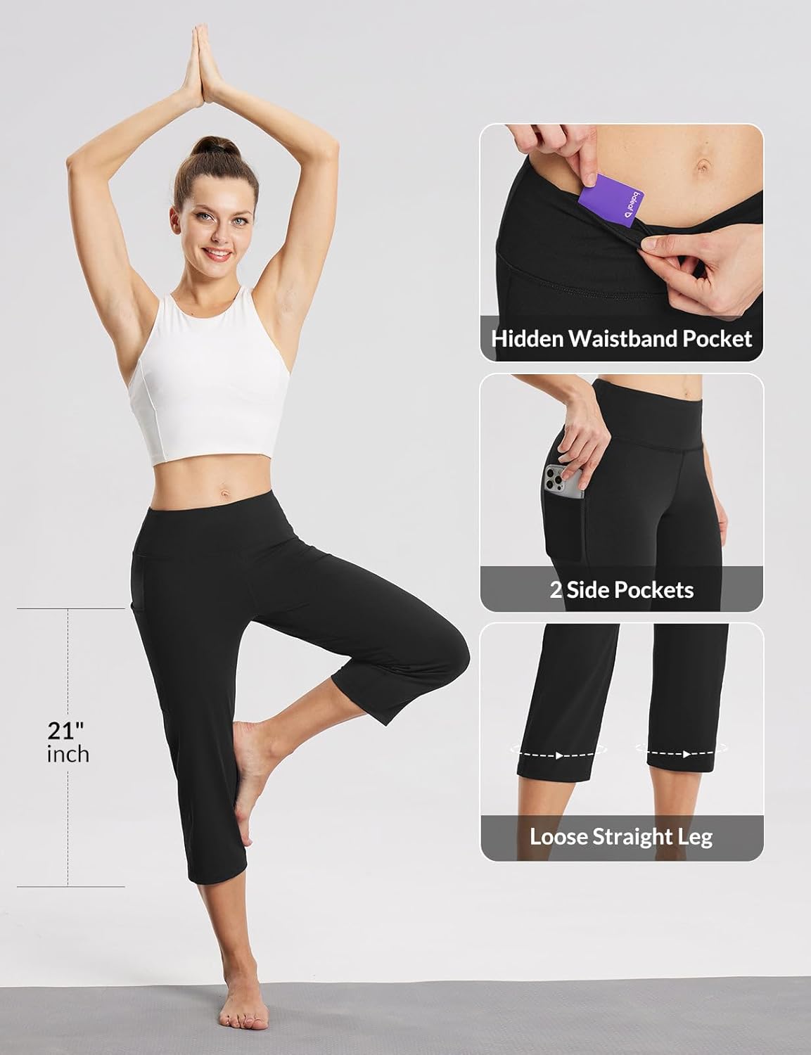 Thumbnail 3 de BALEAF Women's 21" Capri Pants with Pockets, High Waist – Tummy Control Yoga Leggings for Summer Workout