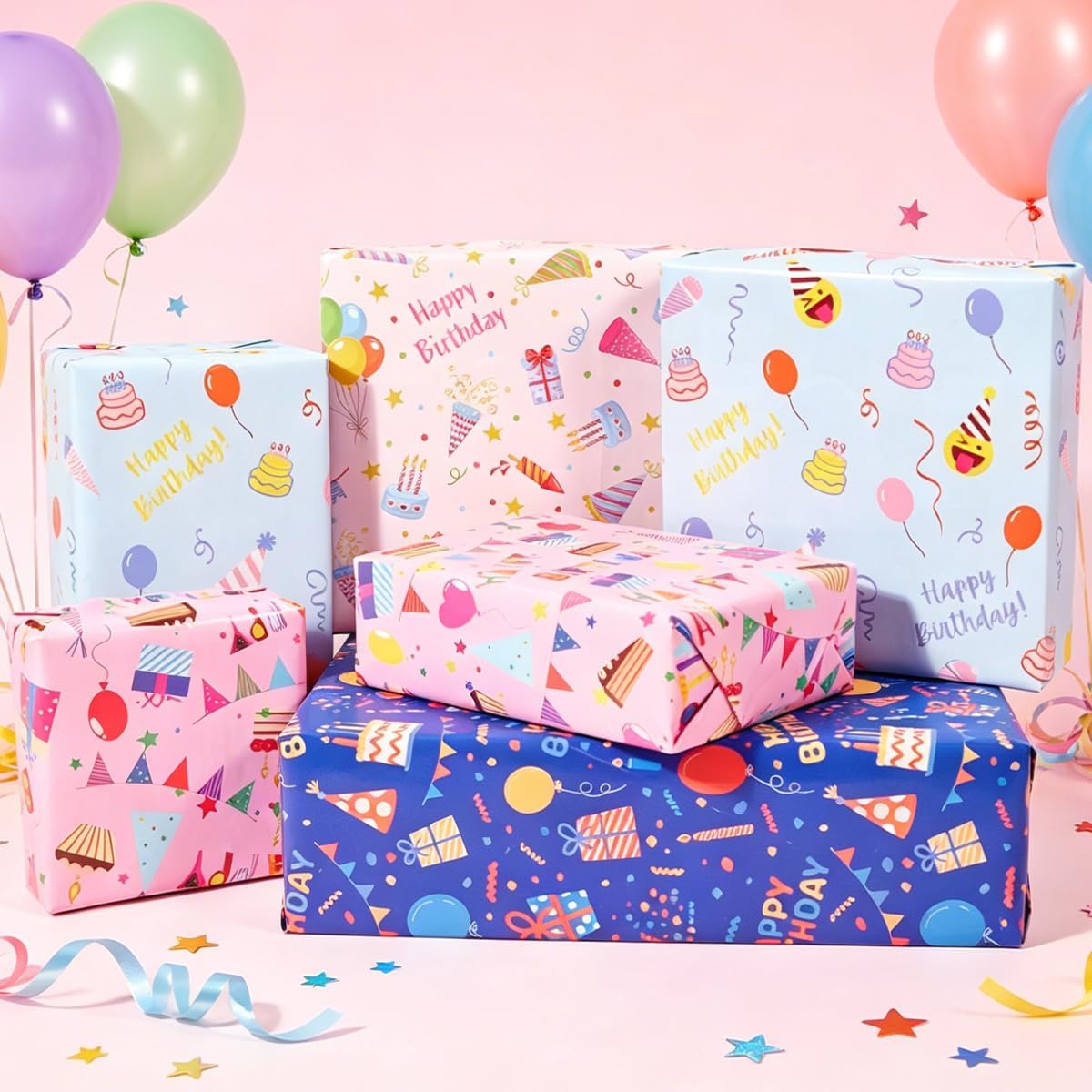 Detalle de Birthday Wrapping Paper Sheets — 8x 51 x 74 cm, 4 Colourful Designs