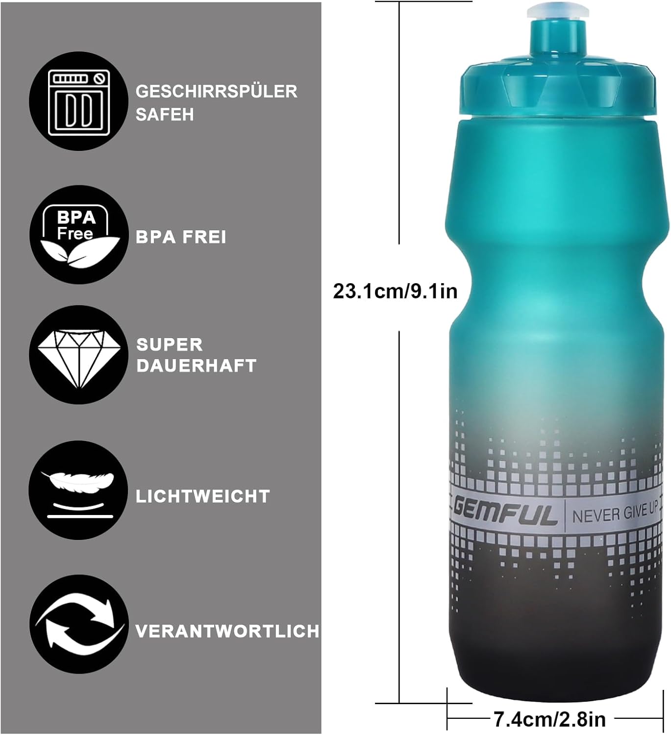 Thumbnail 3 de GEMFUL Fahrrad-Trinkflasche 750 ml im 2er-Set (auslaufsicher, BPA-frei) – Schwarz/Weiß Verlauf