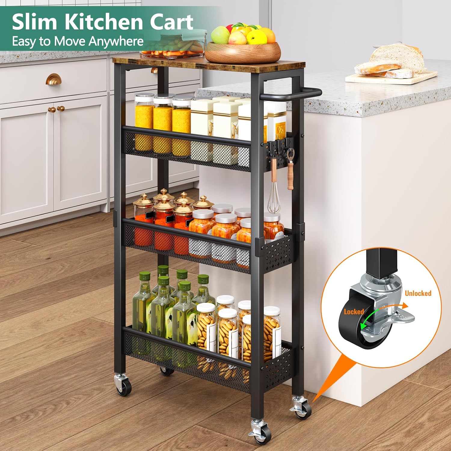 Thumbnail 6 de Vivihomety Utility Slim Storage Cart with Wood Top and Wheels
