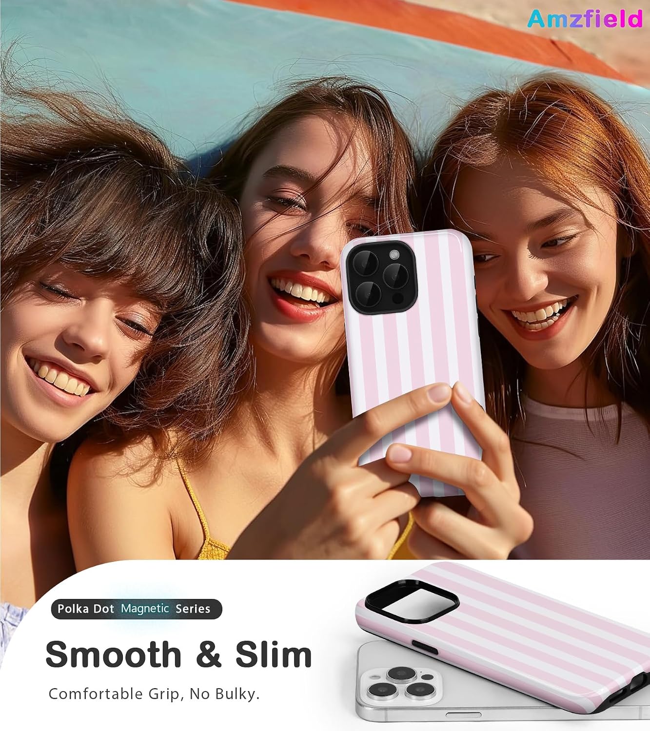 Thumbnail 5 de Amzfield iPhone 15 Pro Case with MagSafe, Dual-Layer Hybrid Protection (Pastel Pink, Striped Aesthetic)