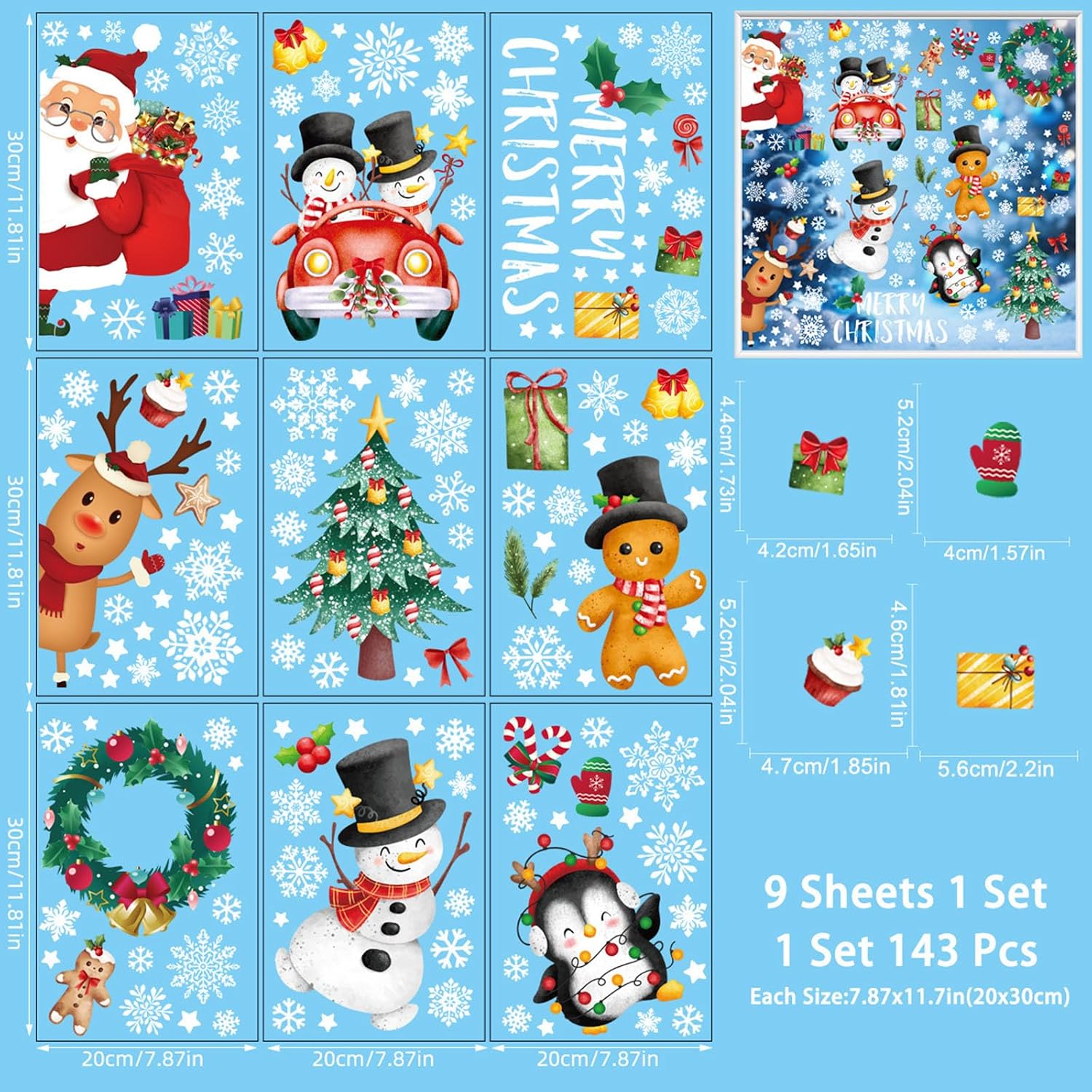 Detalle 2 de LMSHOWOWO EZ0020008-P statische kerstraamstickers, 143 motieven op 9 vellen
