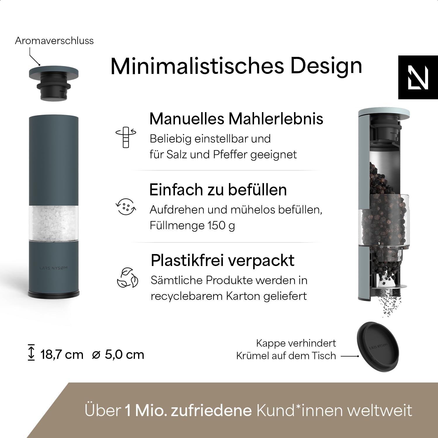 Detalle 2 de LARS NYSØM Salz- und Pfeffermühle Set Lagom – Manuell, Keramikmahlwerk, Edelstahl, 2 Stück (Blue)