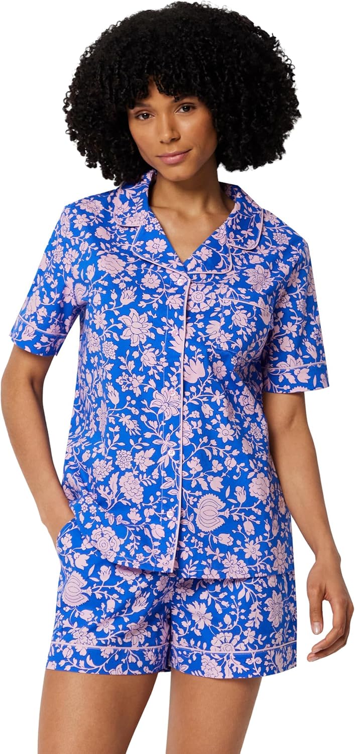 Detalle de Amazon Essentials Damen Schlafanzug aus Baumwoll-Stretch-Popeline – Kurzarm mit Shorts