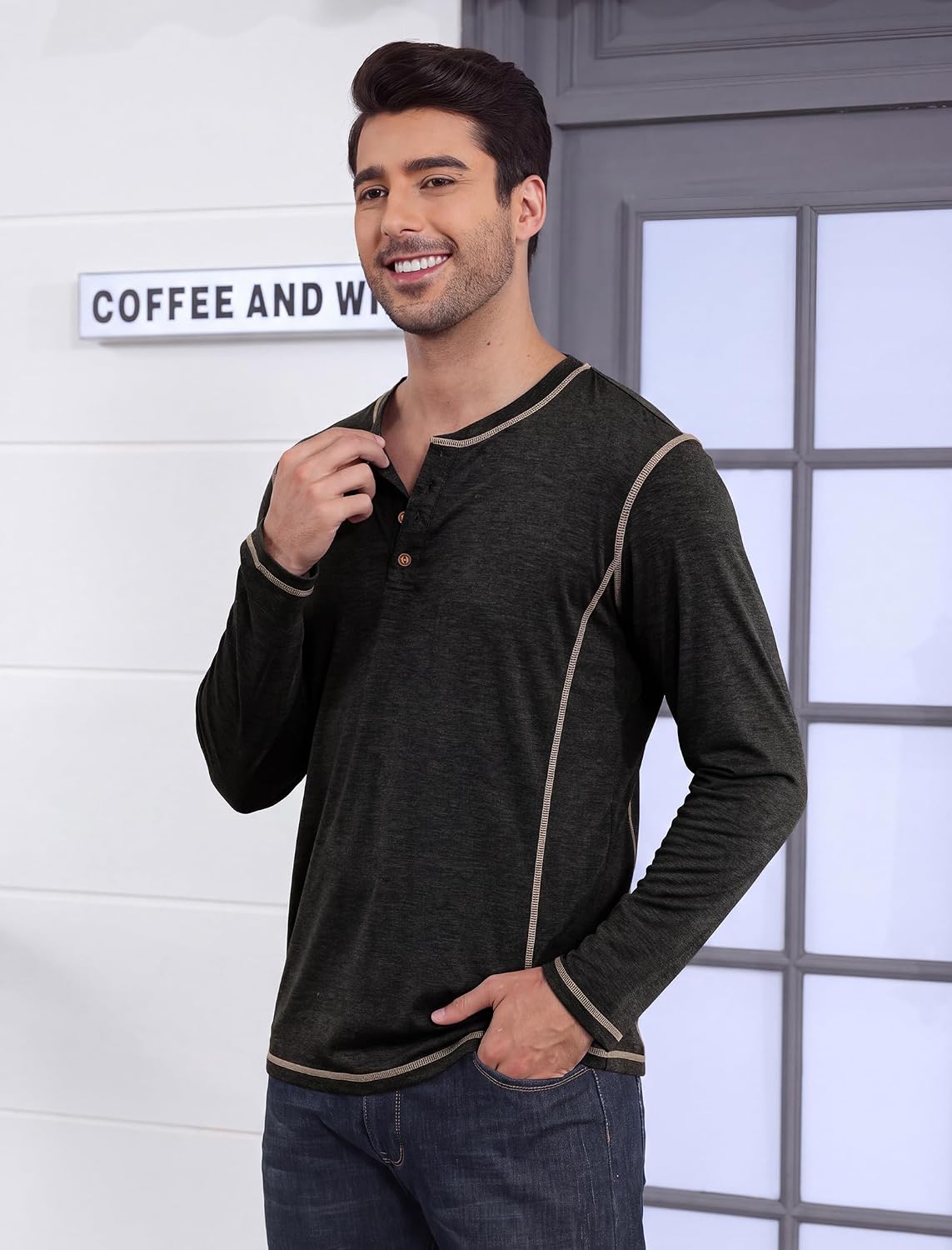 Detalle de LAOARA heren-T-shirt met lange mouwen, Henley-stijl en rolkraag, M-2XL