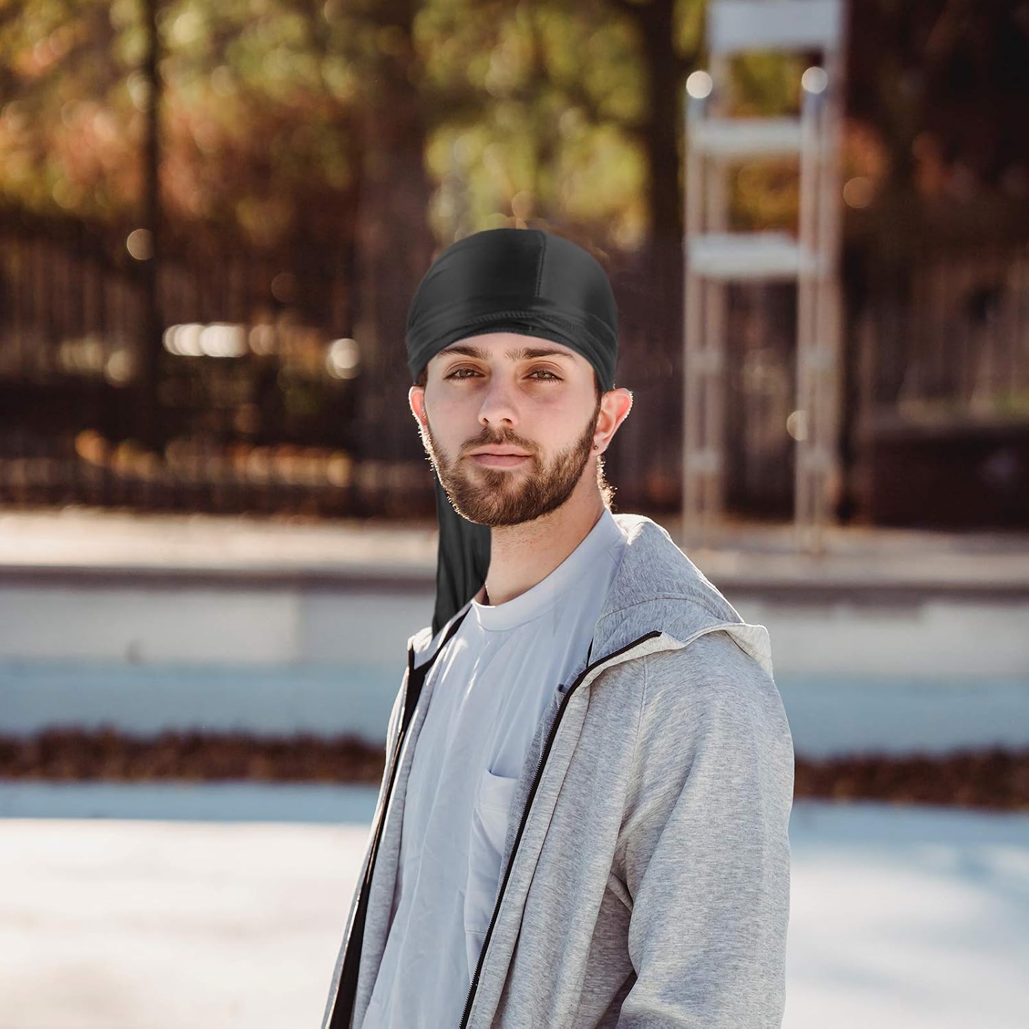 Thumbnail 6 de Seide Durag Kappe mit langem Schwanz – Silk Wave Bandana in Schwarz
