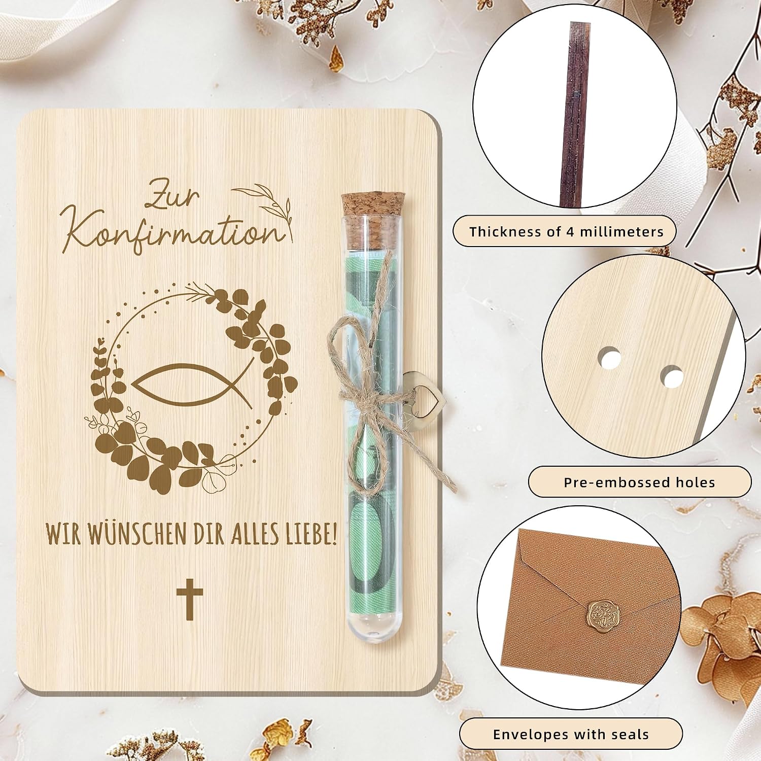 Detalle de Dreaku Konfirmation Geschenk-Set: Geldgeschenke-Verpackung mit Reagenzglas und Holzkarte