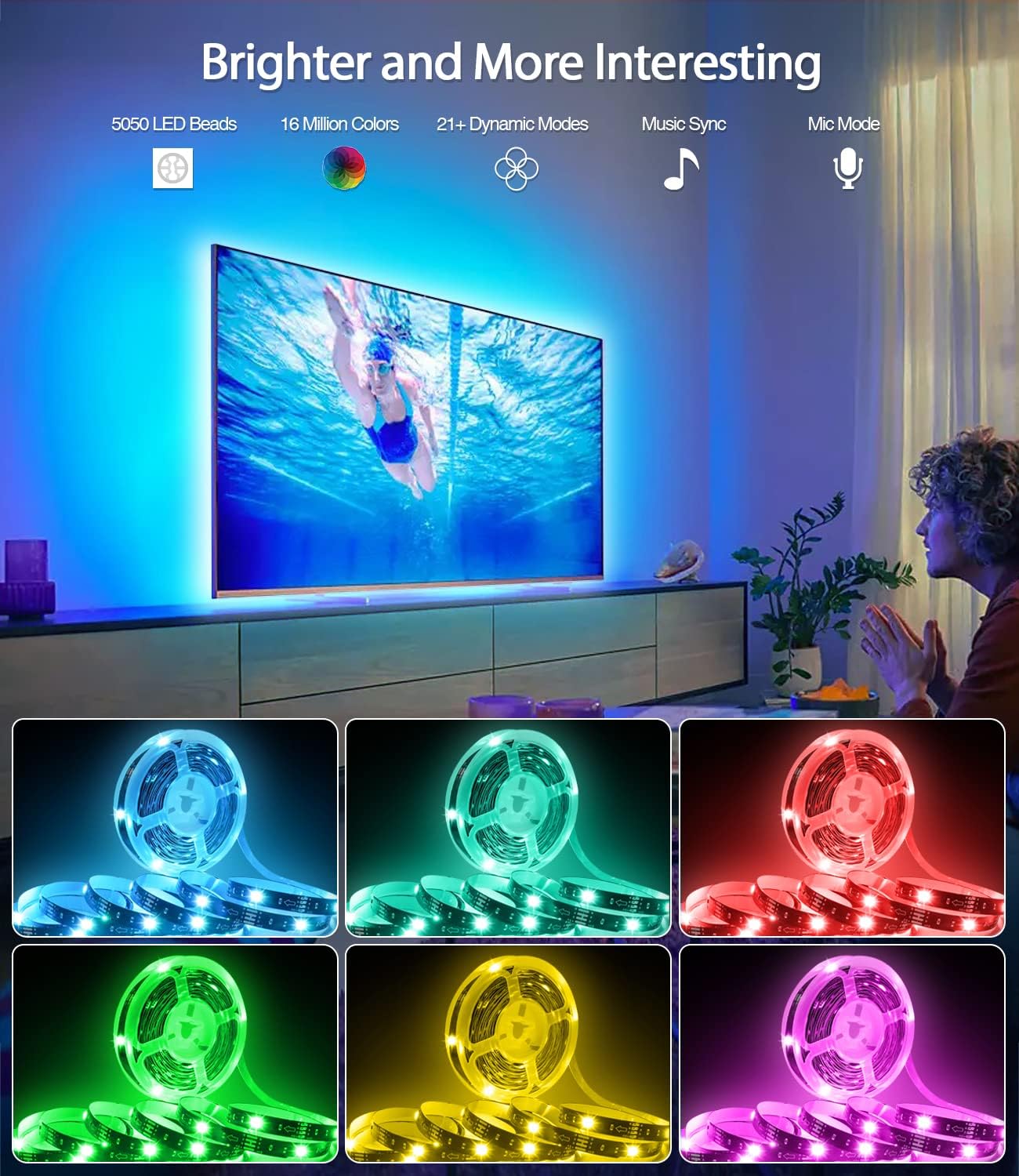 Thumbnail 5 de Daymeet TV LED Light Strip (4M) with RGB backlight, remote & music sync for 55–75 inch TVs