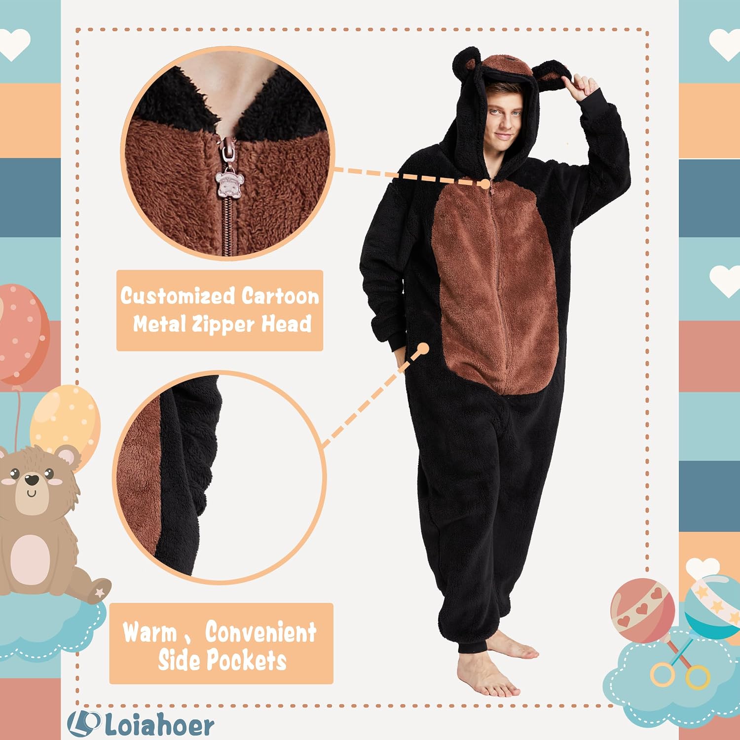 Detalle 2 de Loiahoer Bear Onesie Pajamas, Hooded Zipper Costume in Shu Velveteen